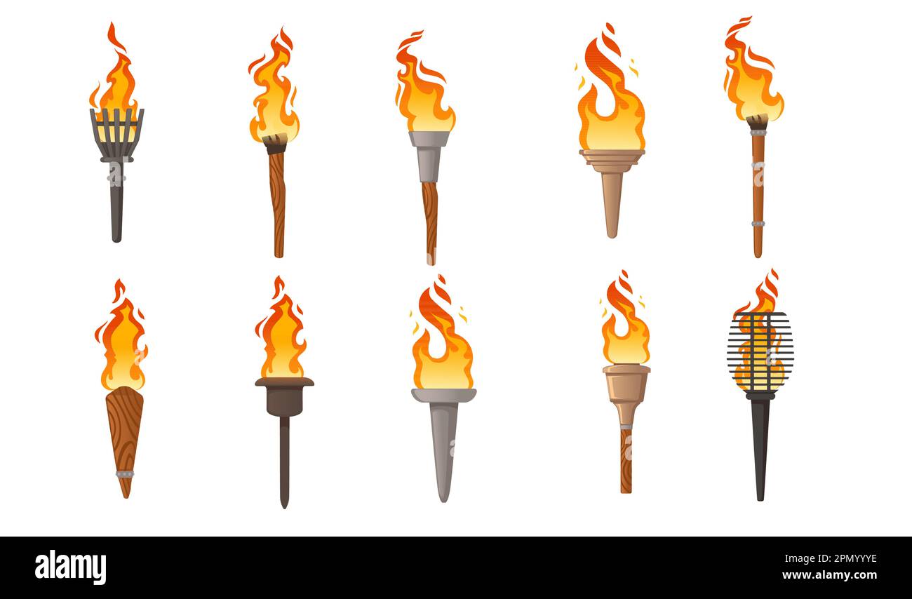 Set of medieval torch light vector illustration isolated on white