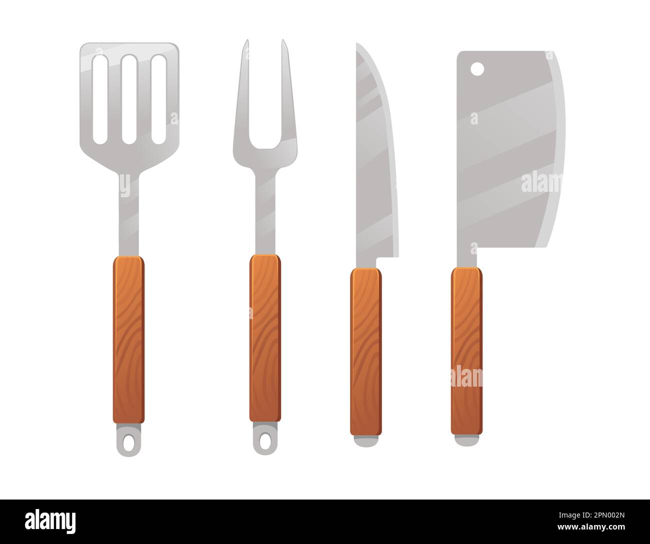 Bbq tools with wooden handle knife fork spatula utensil vector