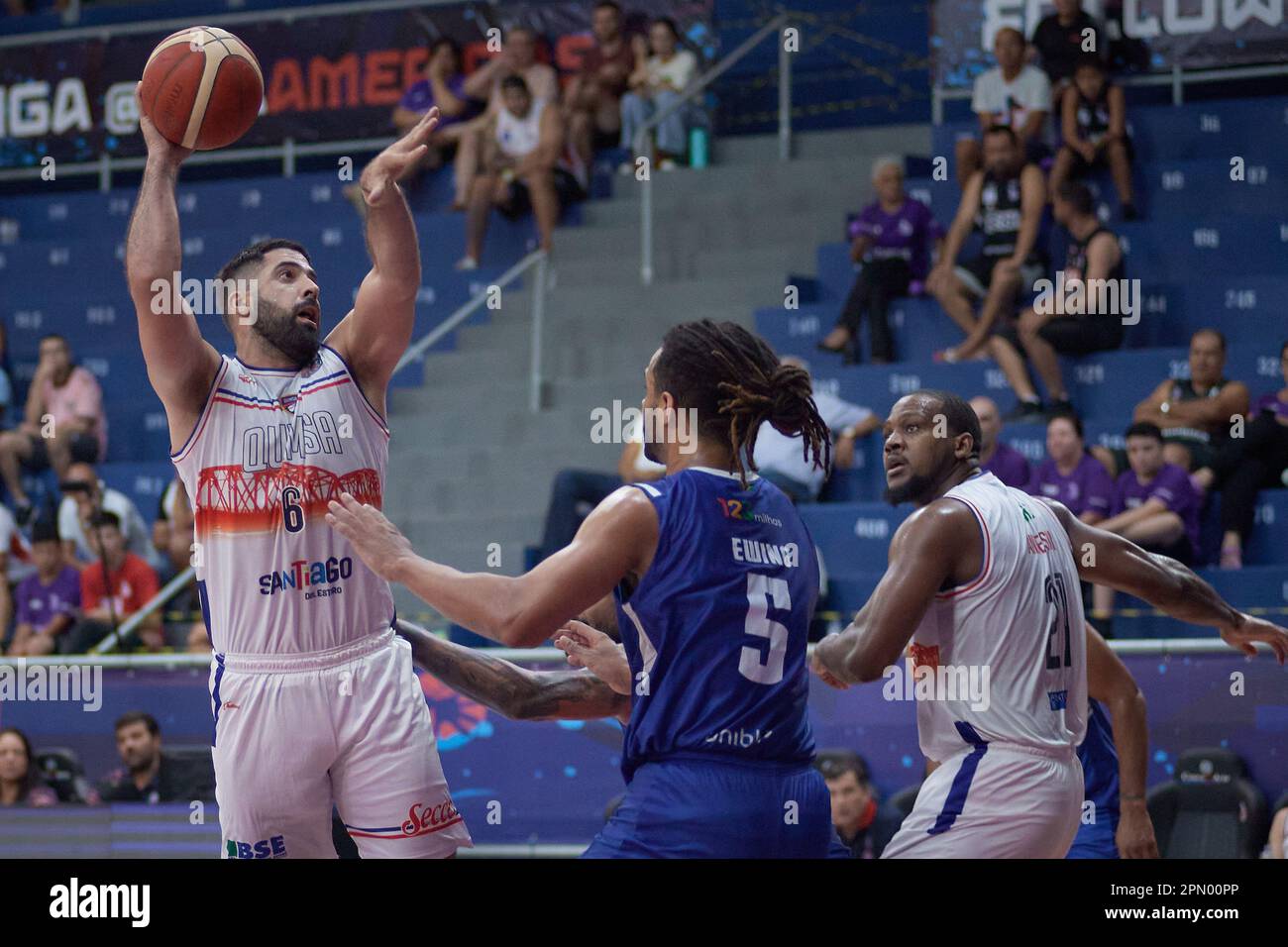 Franca Brazil. 15th Apr 2023. Quimsa s Sebastian Acevedo left during Minas BRA v Quimsa ARG FIBA s Basketball Champions League Americas BCLA third place game at Pedro Morilla Fuentes Gymnasium in Fran...