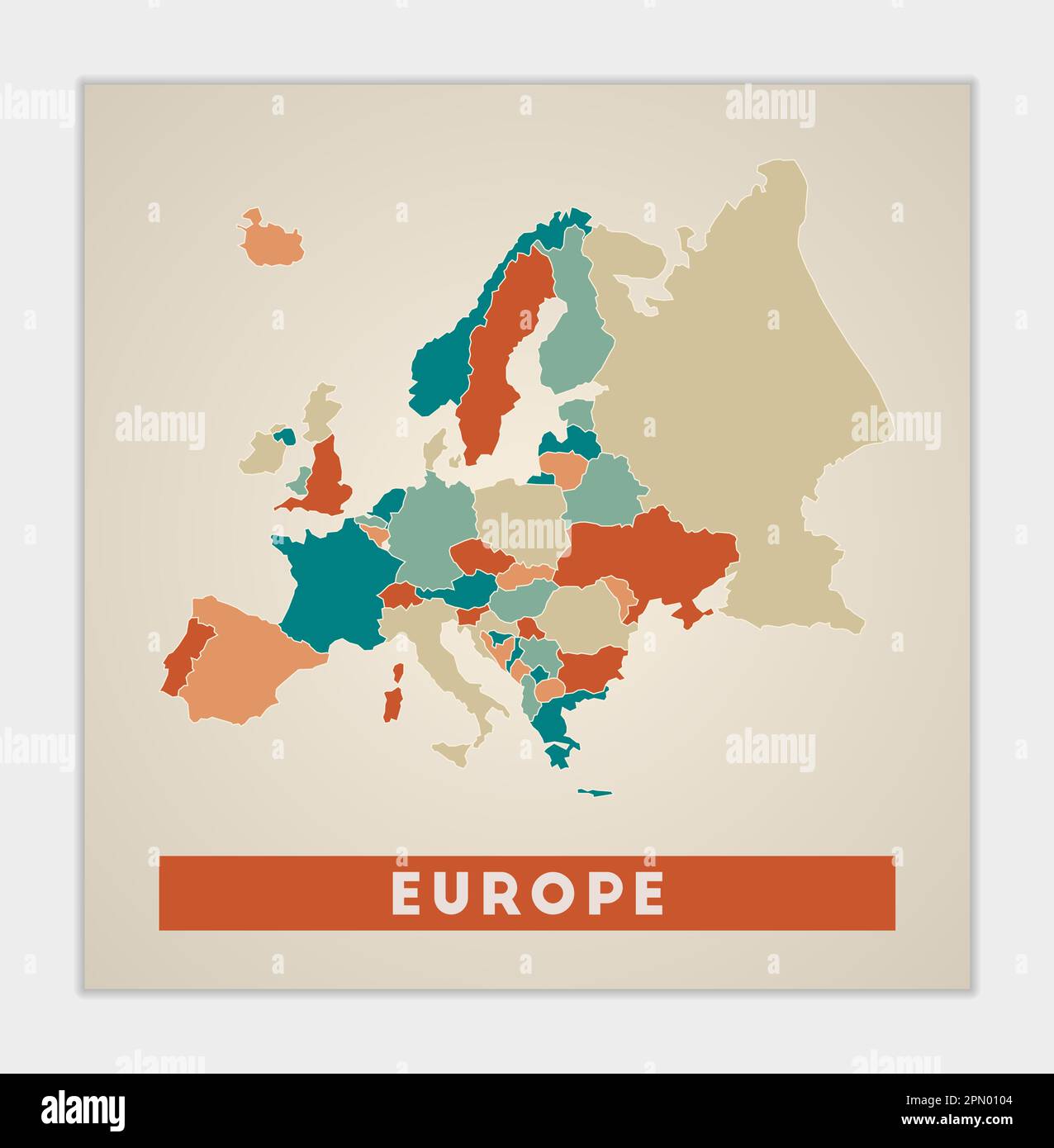 Europe poster. Map of the continent with colorful regions. Shape of