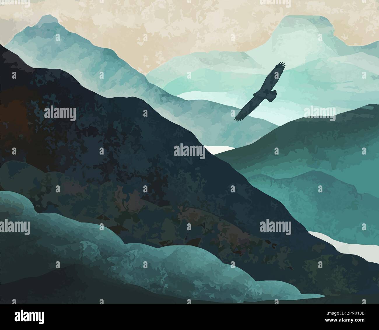 A eagle soars over mountains and a valley in a beautiful painting of nature that is a vector image. Stock Vector