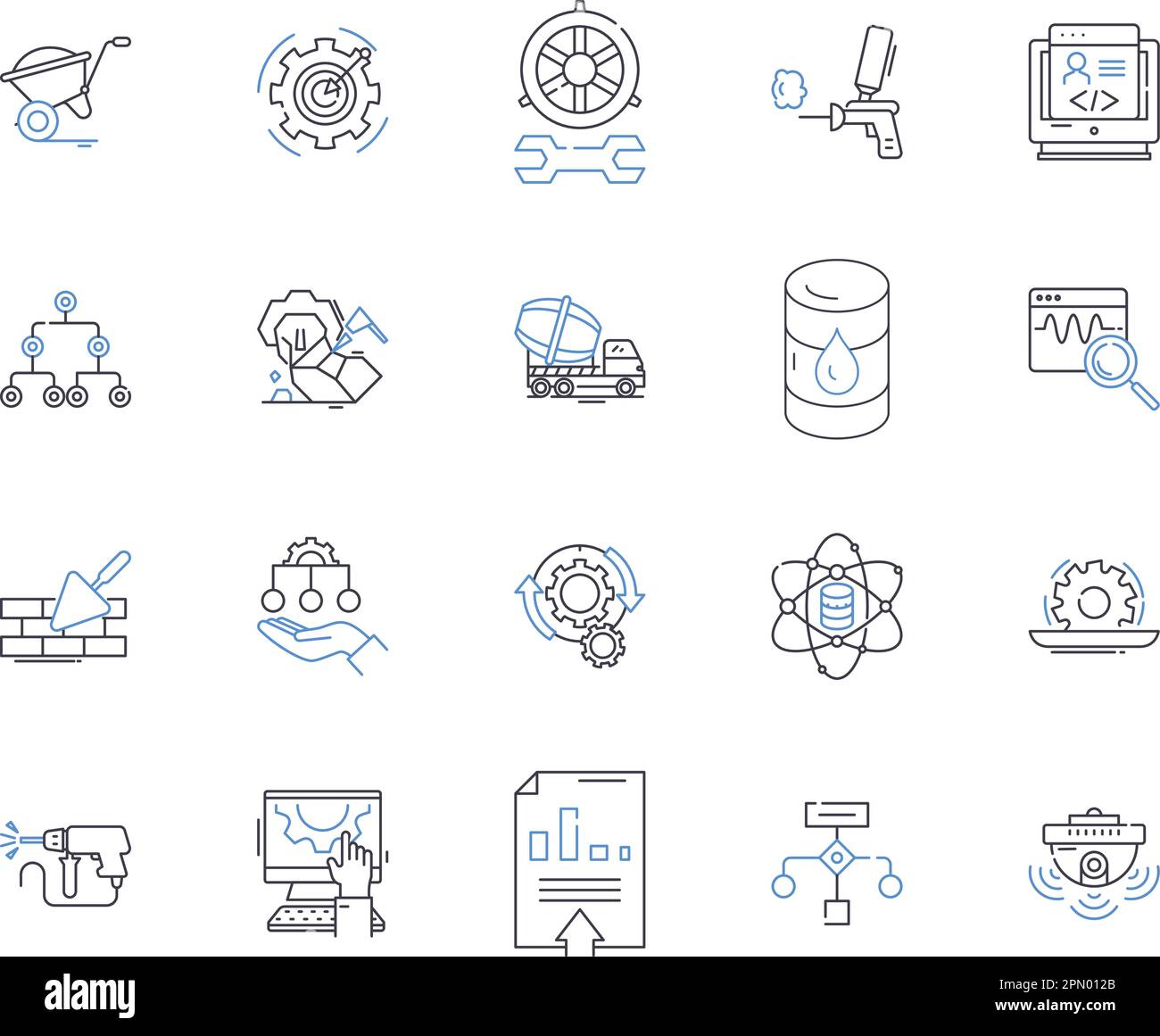 Builder and industry outline icons collection. Builder, Industry, Construction, Development, Foreman, Architect, Contractor vector and illustration Stock Vector