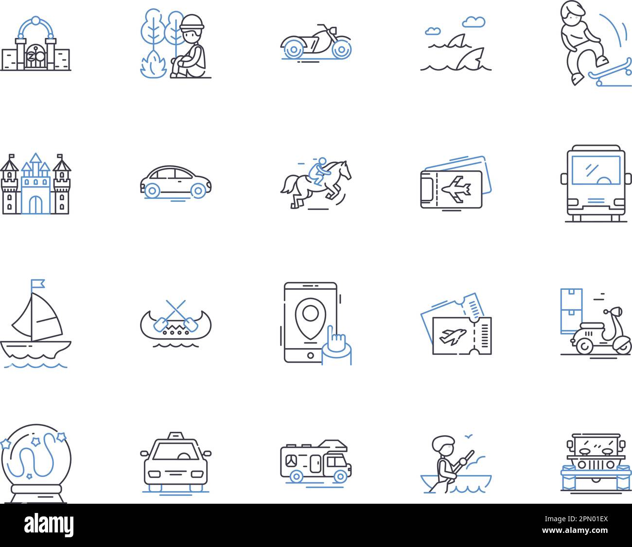 Travel and holidays outline icons collection. Holiday, Travel, Vacation, Trip, Sightseeing, Tour, Explore vector and illustration concept set Stock Vector