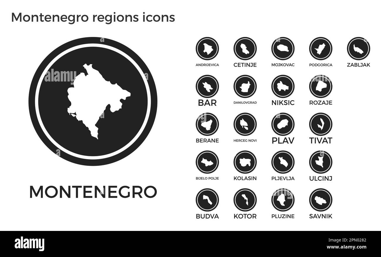 Montenegro regions icons. Black round logos with country regions maps and titles. Vector illustration. Stock Vector
