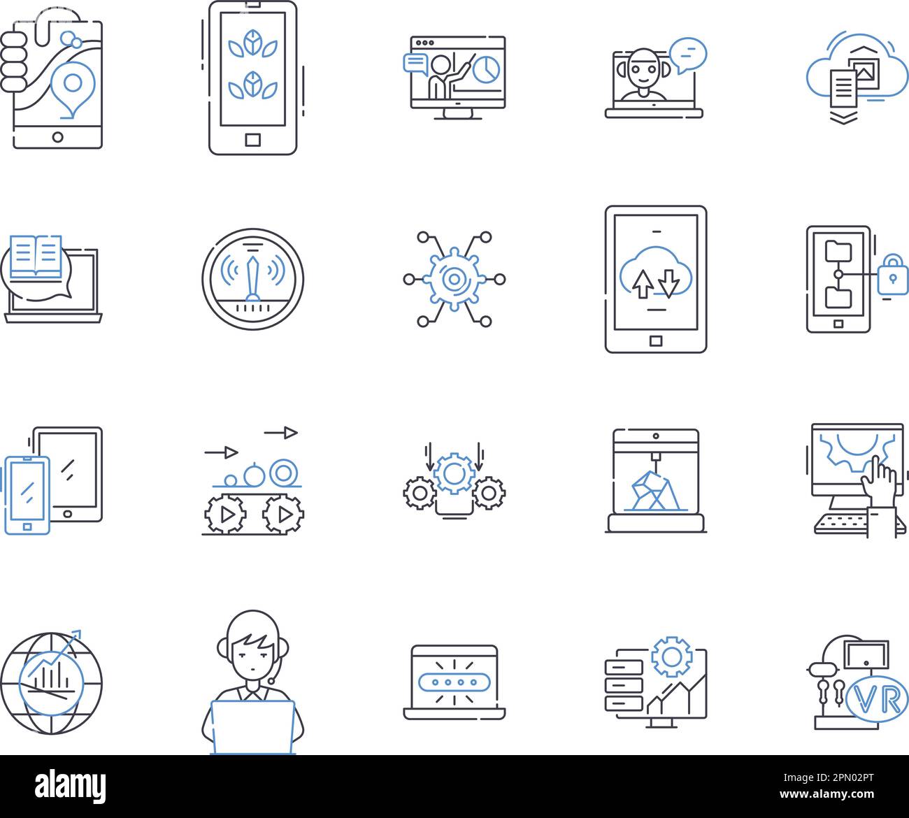 Smart office technology outline icons collection. Smart, Office, Technology, Automation, Computing, Networking, AI vector and illustration concept set Stock Vector