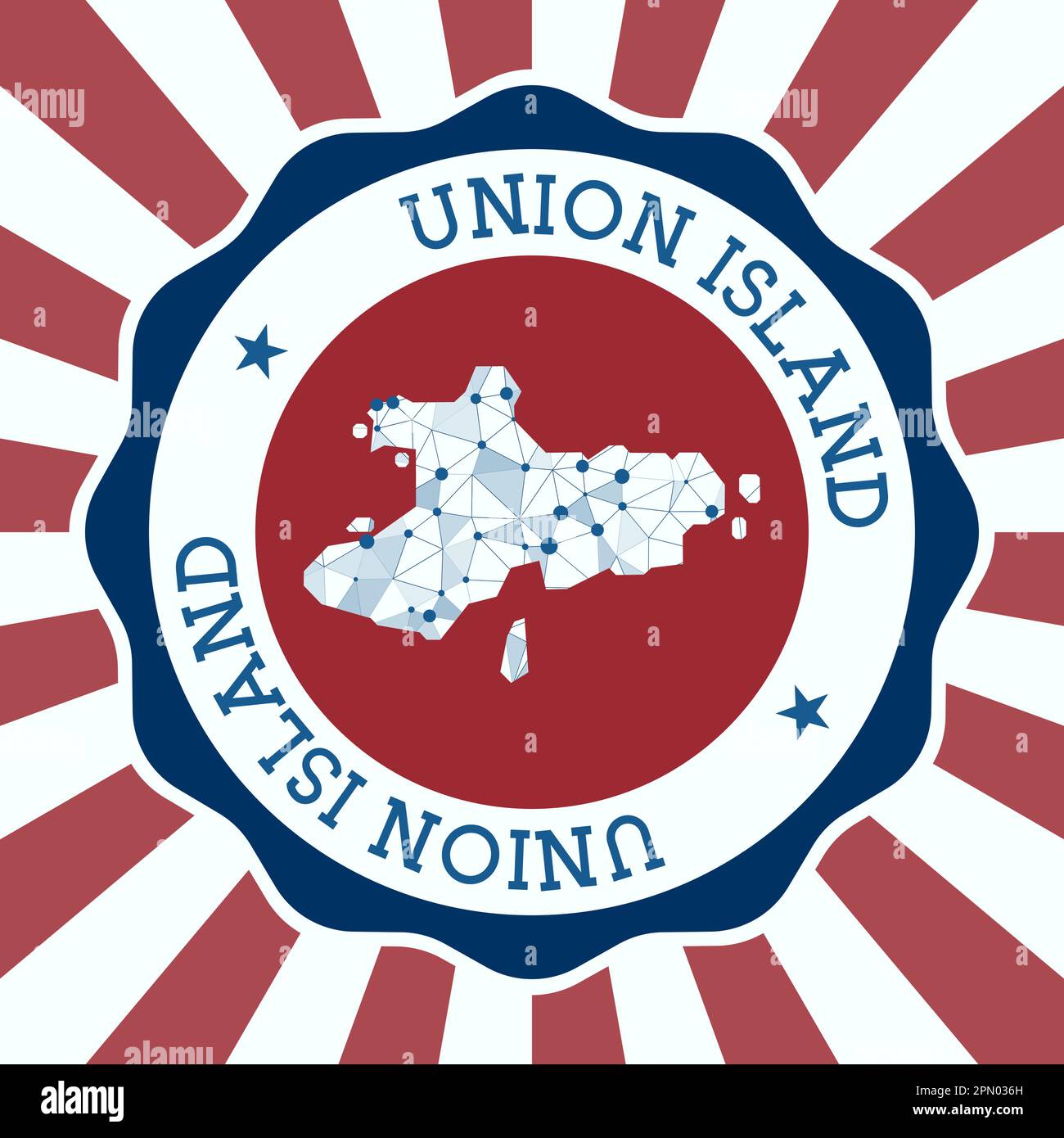 Union Island Badge. Round logo of island with triangular mesh map and radial rays. EPS10 Vector. Stock Vector