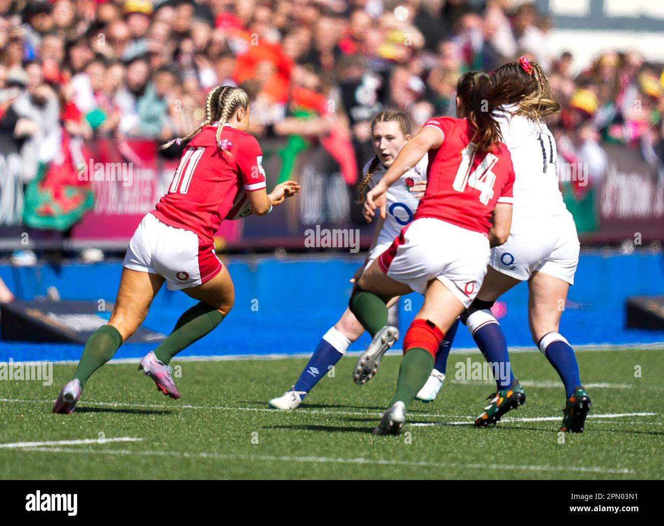 Cardiff,UK, 15 Apr 2023 Lowri Norkett (Wales) (L) makes a break during