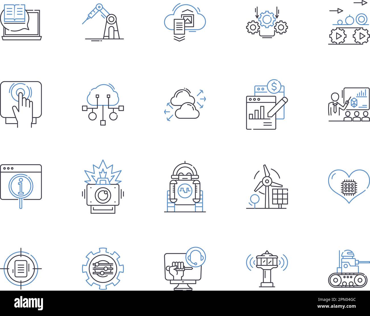 Robotic process automation outline icons collection. Robotics, Process, Automation, RPA, Machine, Learning, AI vector and illustration concept set Stock Vector