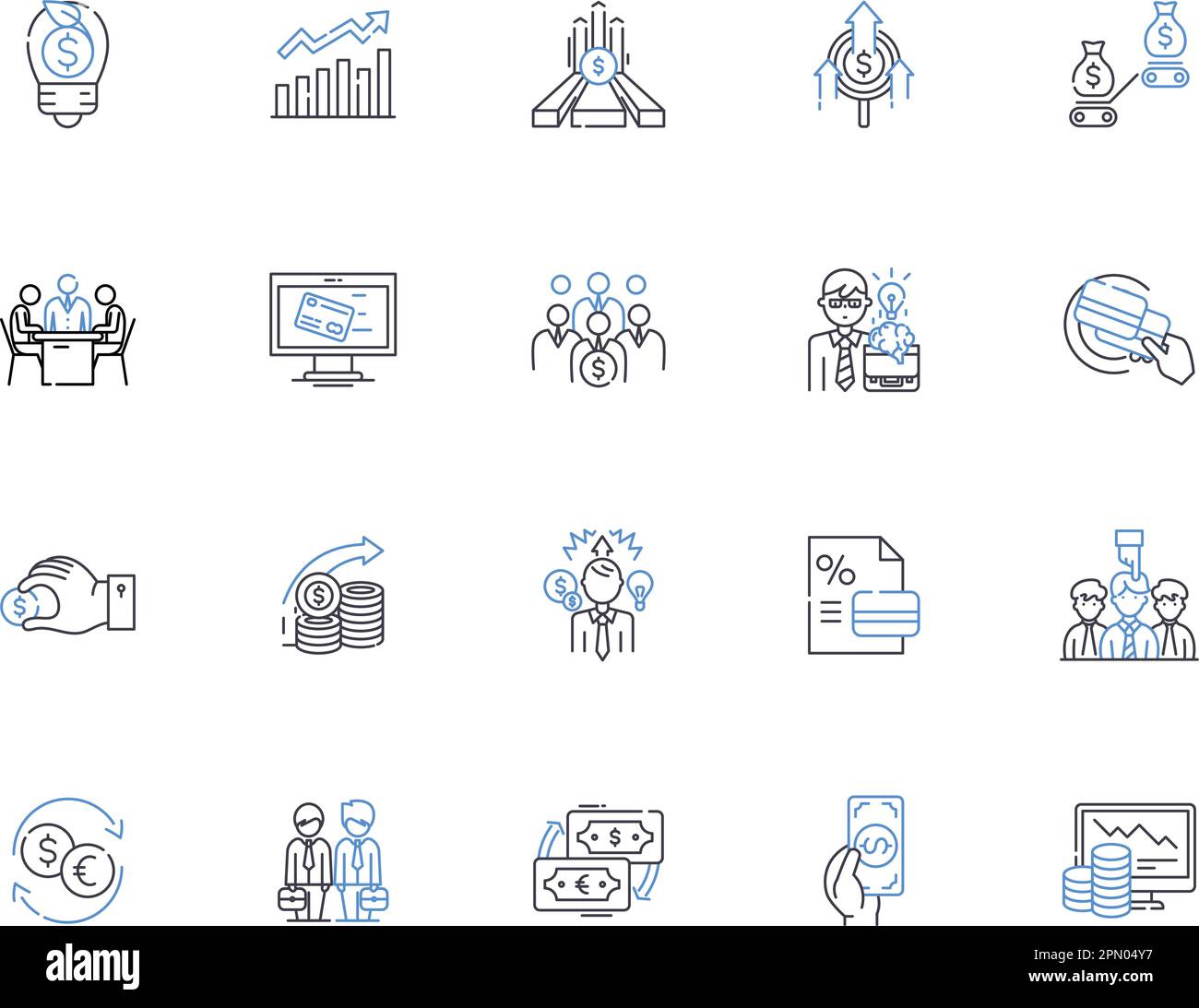 Investment management outline icons collection. Invest, Management, Funds, Portfolio, Equity, Return, Savings vector and illustration concept set Stock Vector