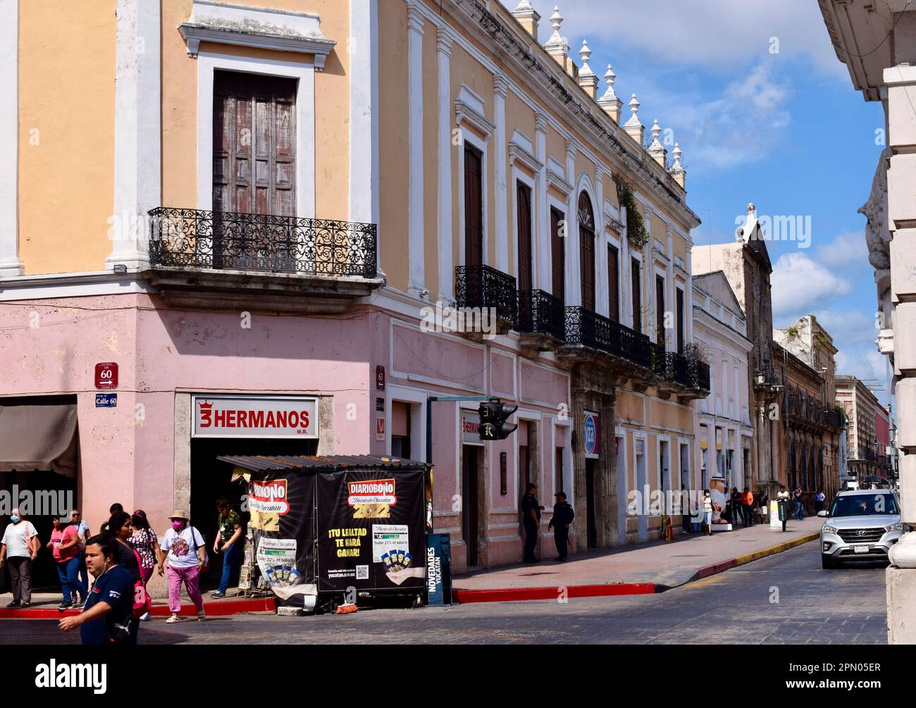 The intersection of 60th and 63rd streets in the historic center of Merida, Yucatan, Mexico. Stock Photo