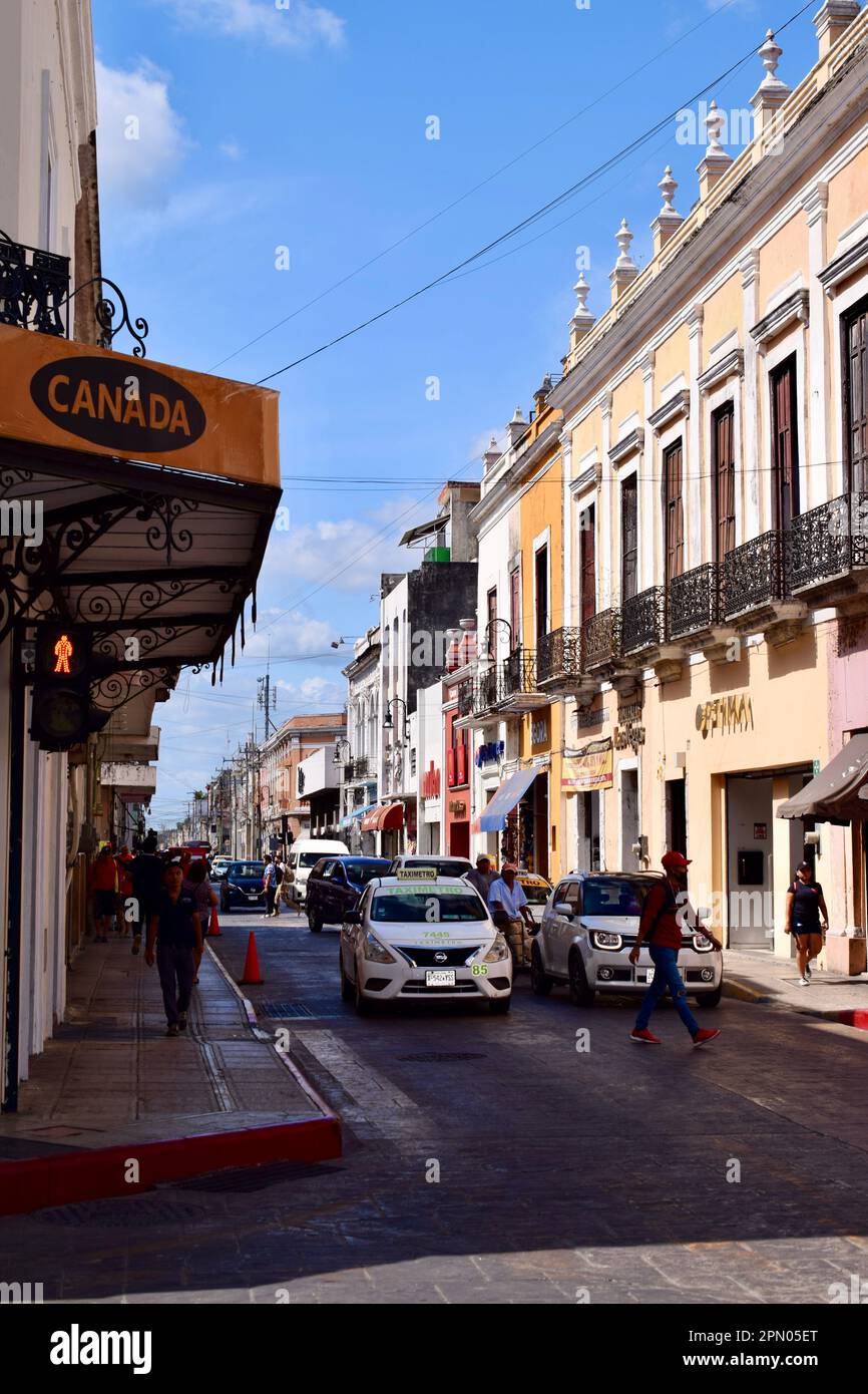 A bustling street in the historic center of Merida, Yucatan, Mexico. Stock Photo