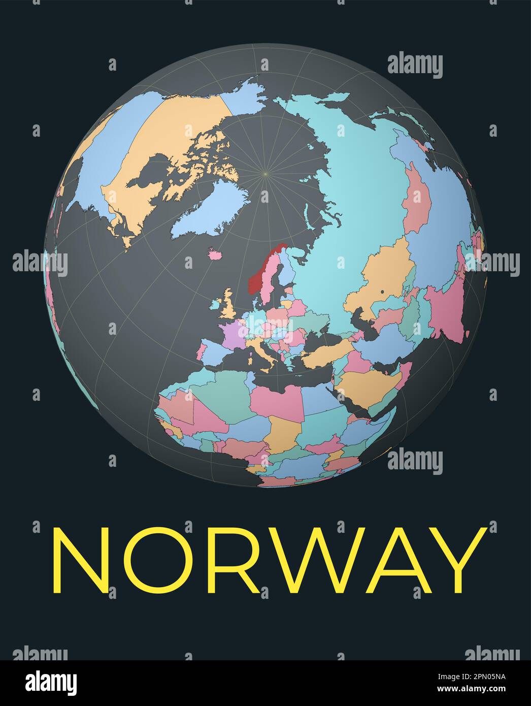 Norwegian World Map World Map Centered To Norway Red Country Highlighted Satellite World View Centered To Country With Name Vector Illustration 2PN05NA