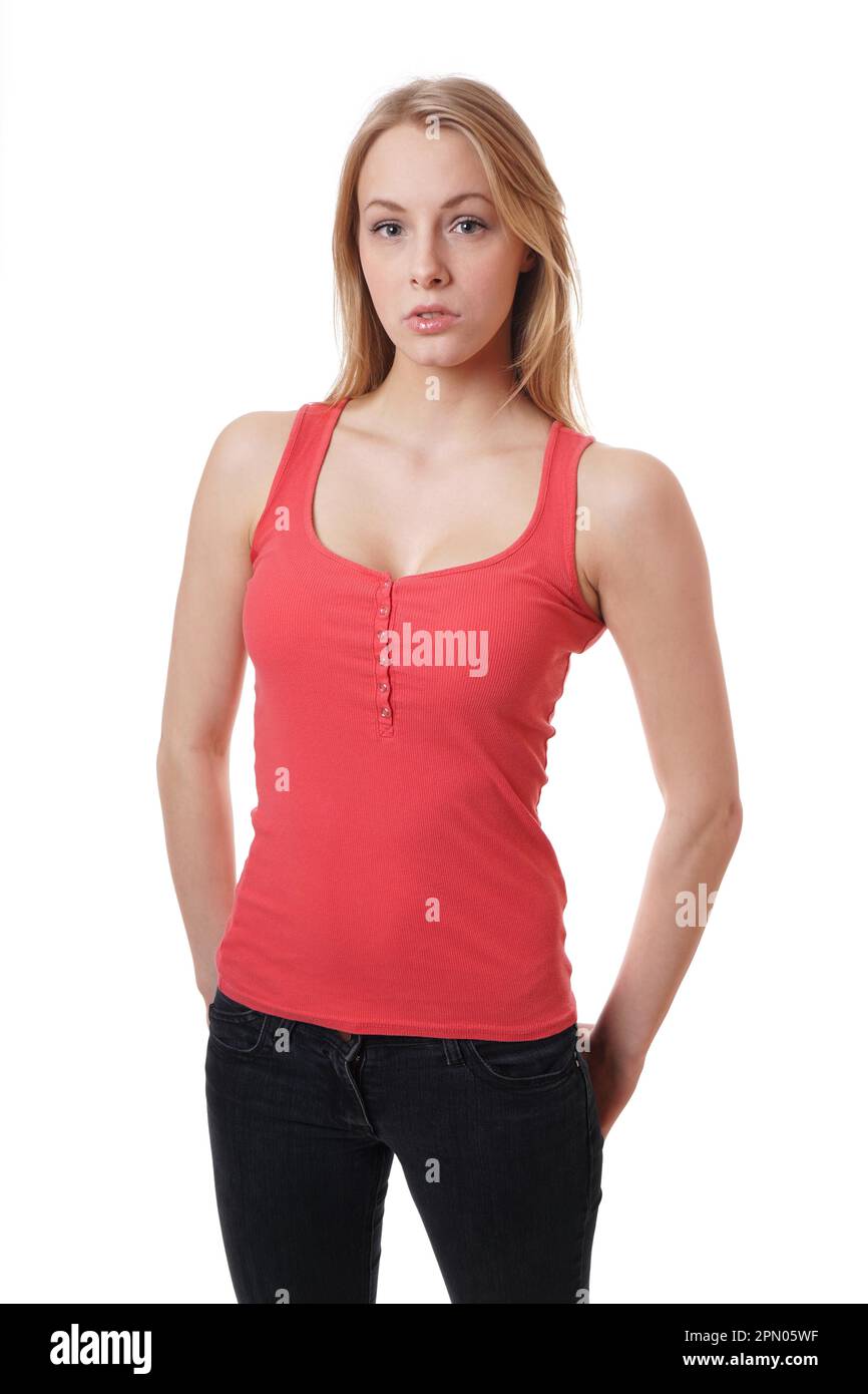 cool young woman wearing jeans and red tanktop Stock Photo