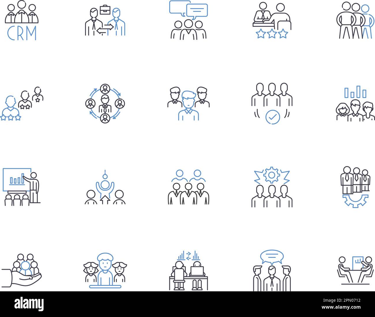 Meeting outline icons collection. Conclave, Conference, Forum, Gathering, Dialogue, Symposium, Rendezvous vector and illustration concept set Stock Vector