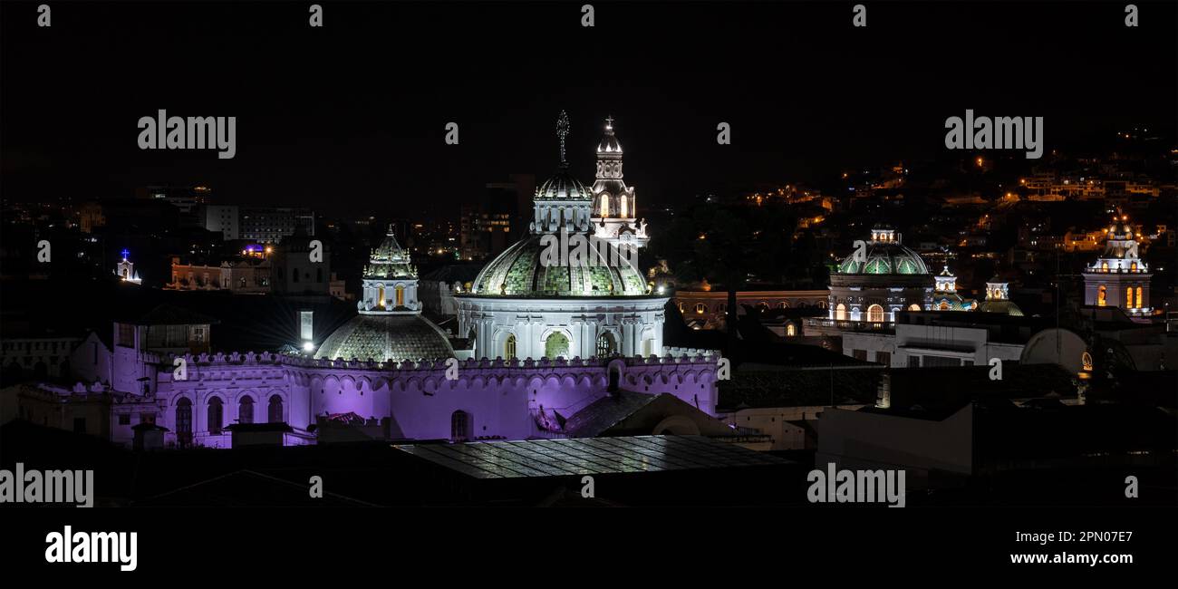 Quito city center at night with illuminated Compania de Jesus church, Quito, Ecuador. Stock Photo