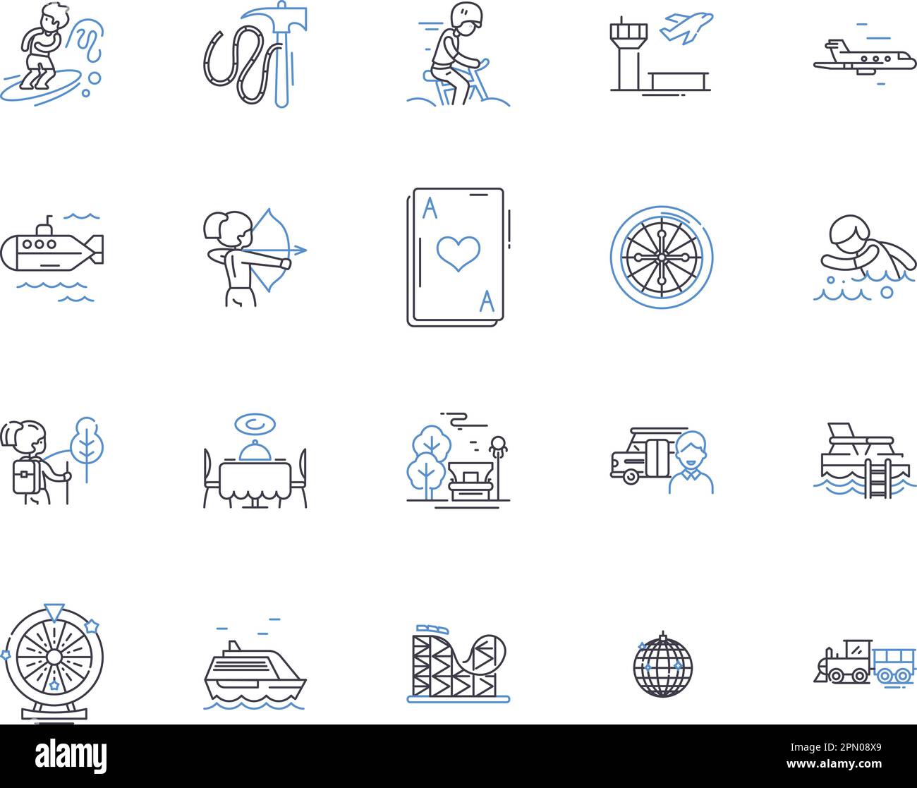 Travel and holidays outline icons collection. Holiday, Travel, Vacation, Trip, Sightseeing, Tour, Explore vector and illustration concept set Stock Vector