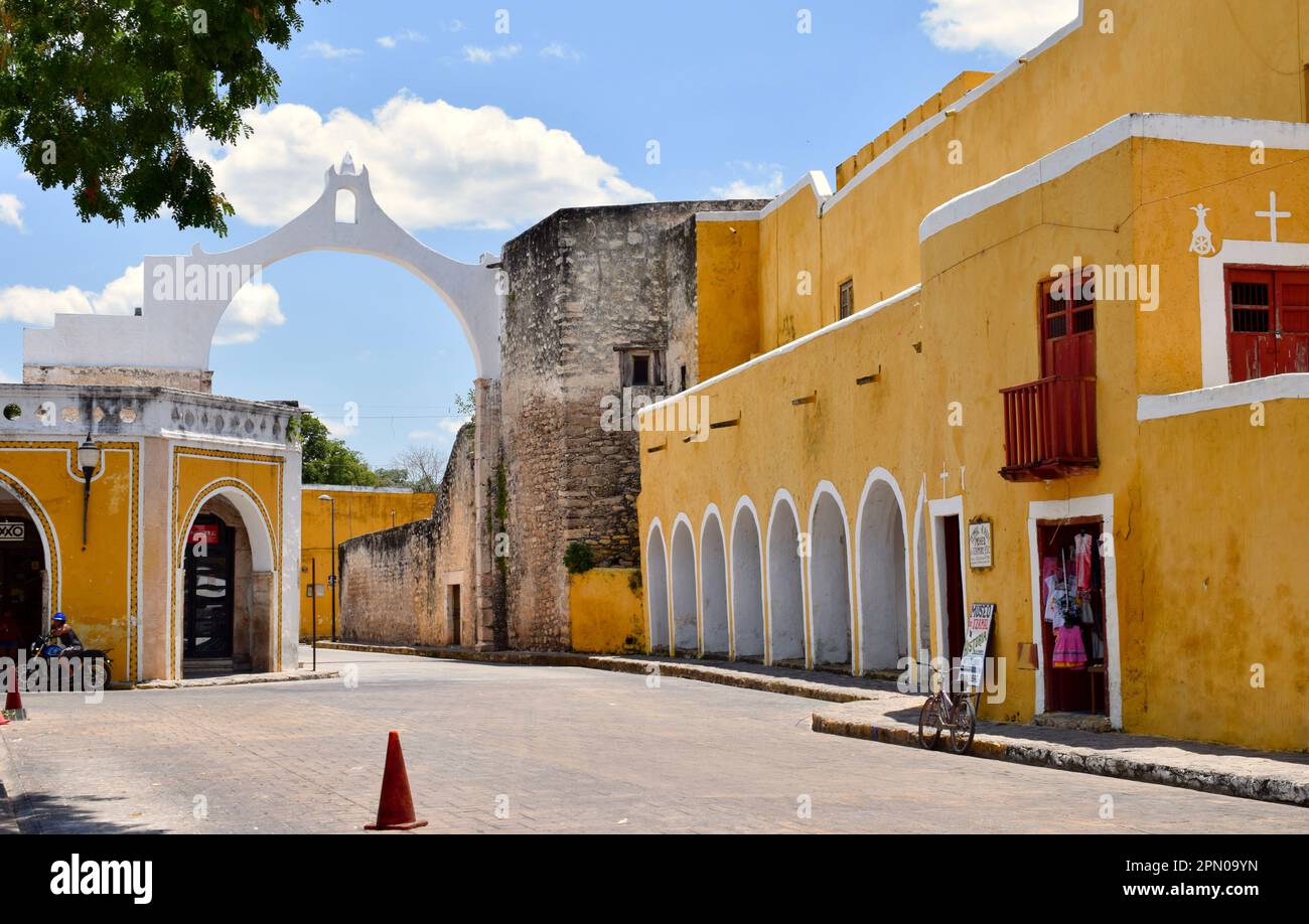 The arch next to the monastery in the historic, yellow city of Izamal, Yucatan, Mexico. Stock Photo