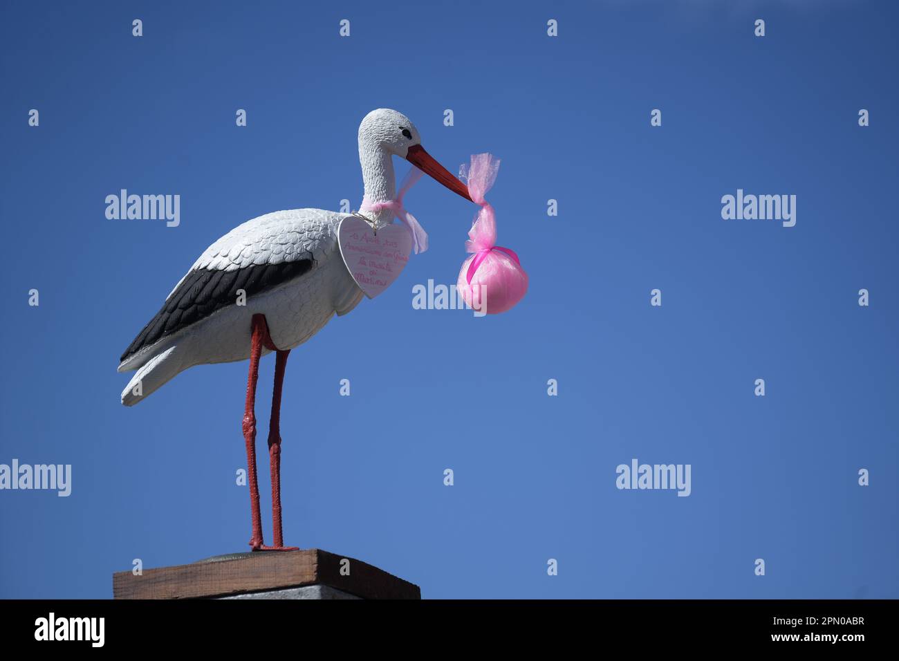 White stork announcing the birth of a baby girl. Delivery of a newborn baby Stock Photo