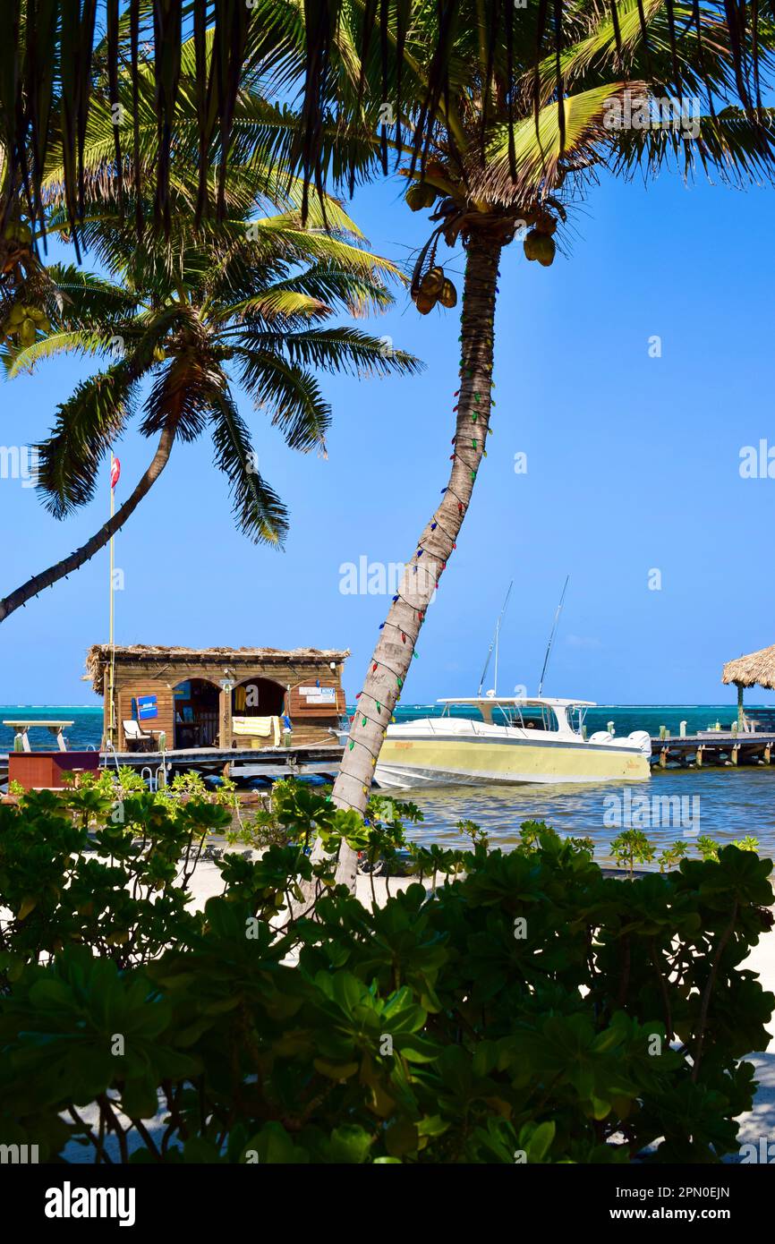 A view of a boat and dock at the beach, on a sunny day, in Ambergris Caye, Belize, Caribbean/Central America. Stock Photo