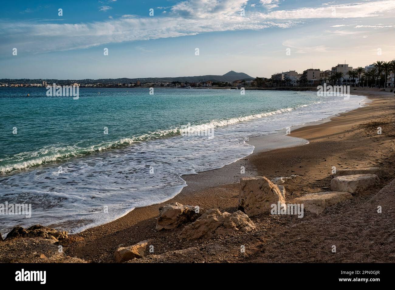 Sunset at Platja de la Grava (Gravel Beach) in Xabia (Jávea), Alicante Province, Comunidad Valenciana, (Comunitat Valenciana), Spain, Europe Stock Photo
