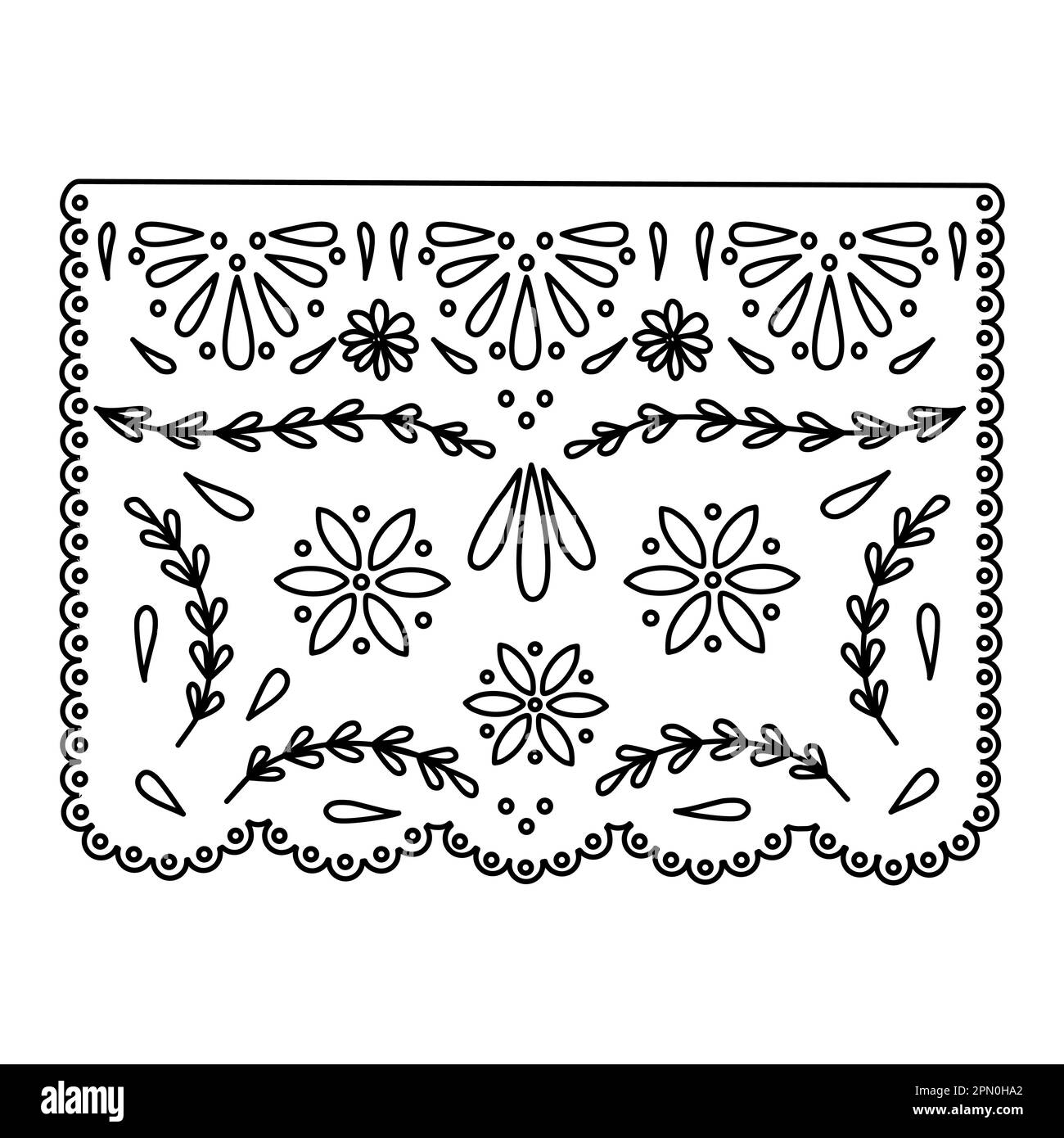 Mexican paper cut flag Papel Picado template design, doodle style flat vector outline illustration for kids coloring book Stock Vector