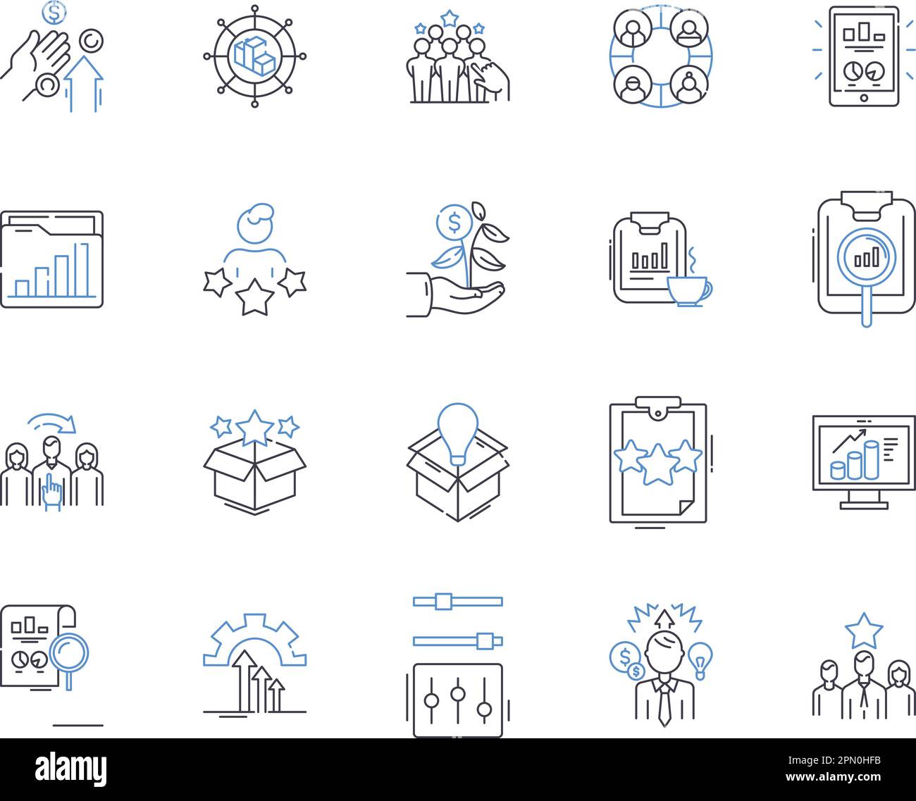 Business evaluation outline icons collection. Business, Evaluation, Rating, Analysis, Assess, Measure, Investigate vector and illustration concept set Stock Vector
