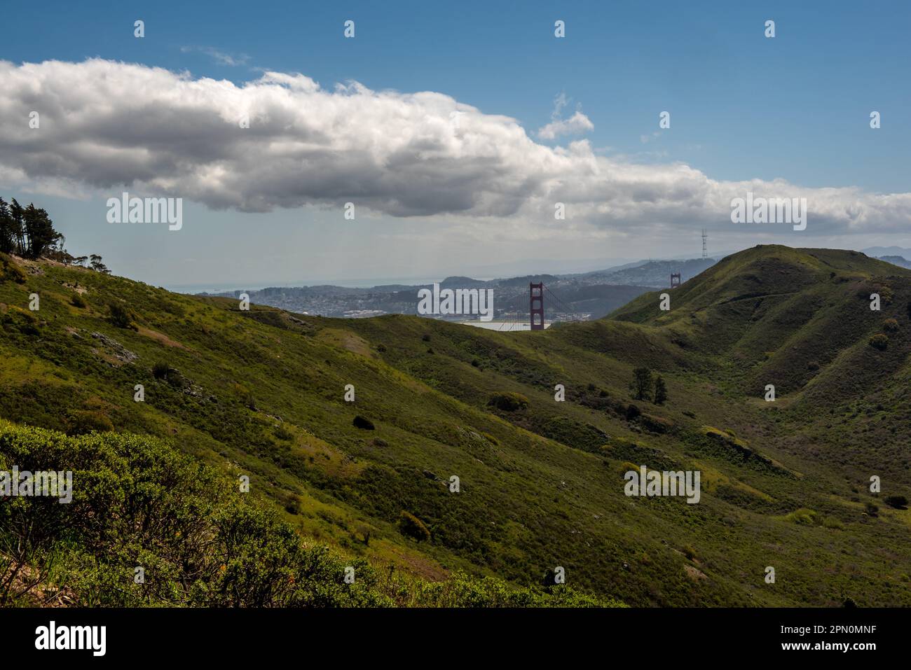 Golden Gate Bridge viewed from Morning Sun Trail , California, USA,  on a sunny partly cloudly sky day Stock Photo