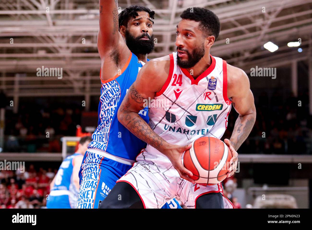 Reggio Emilia, Italy. 15th Apr, 2023. Marcus Lee (Unahotels Reggiana)  during the Italian Basketball Serie A Championship UNAHOTELS Reggio Emilia  vs Nutribullet Treviso Basket on April 15, 2023 at the PalaBigi in