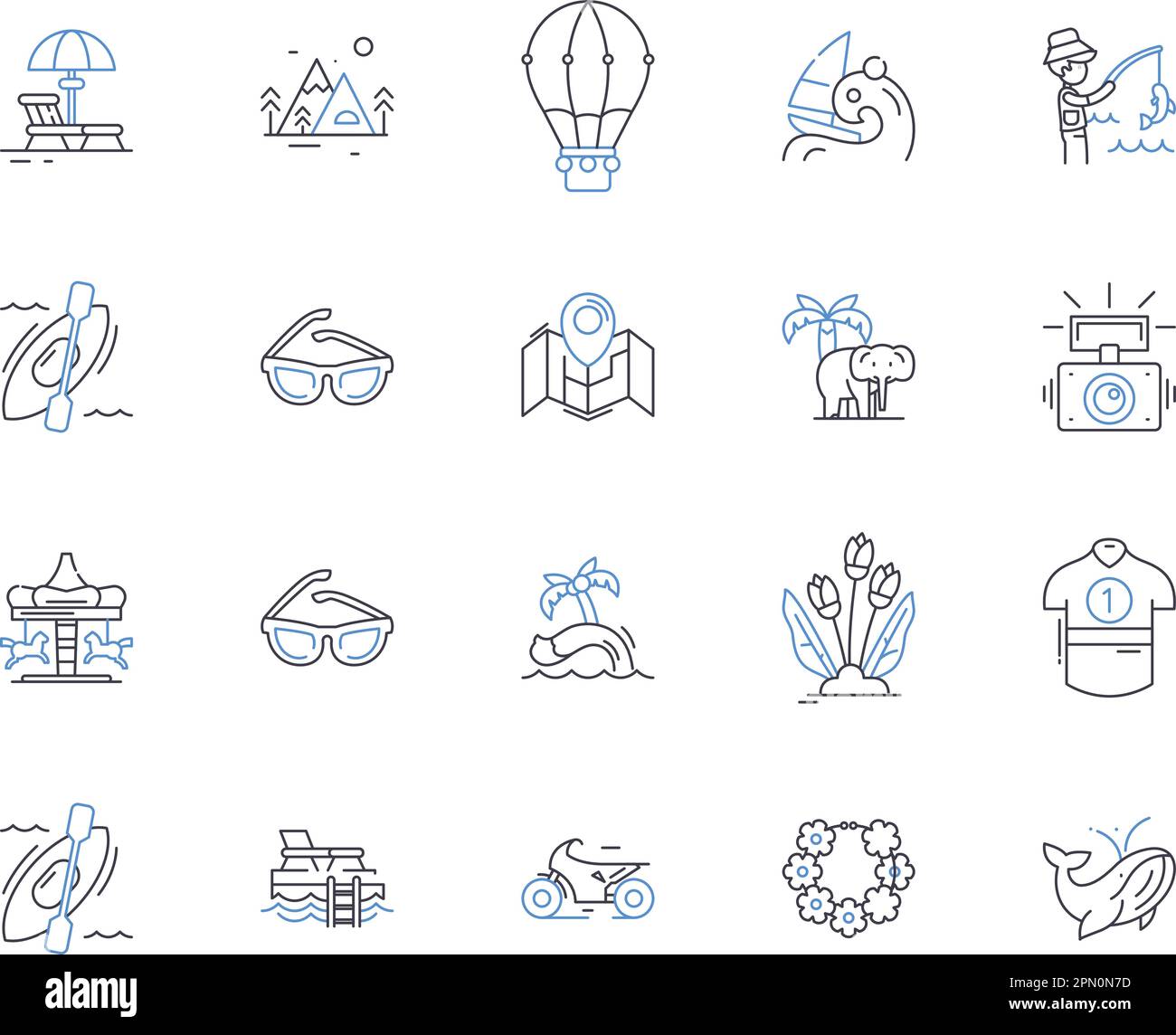 Summer holidays outline icons collection. Sun, Vacation, Heat, Enjoyment, Coconut, Swimming, Sea vector and illustration concept set. Picnic, Camping Stock Vector