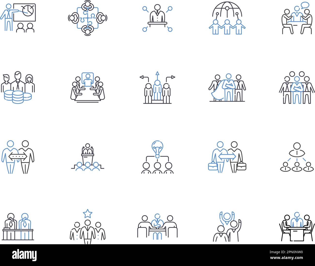Meeting outline icons collection. Conclave, Conference, Forum, Gathering, Dialogue, Symposium, Rendezvous vector and illustration concept set Stock Vector