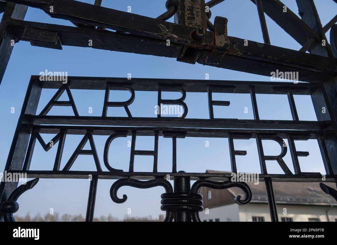 entance gate prisoners passed through saying Works Sets You Free discribing the camp as only a work camp and not a death camp Stock Photo