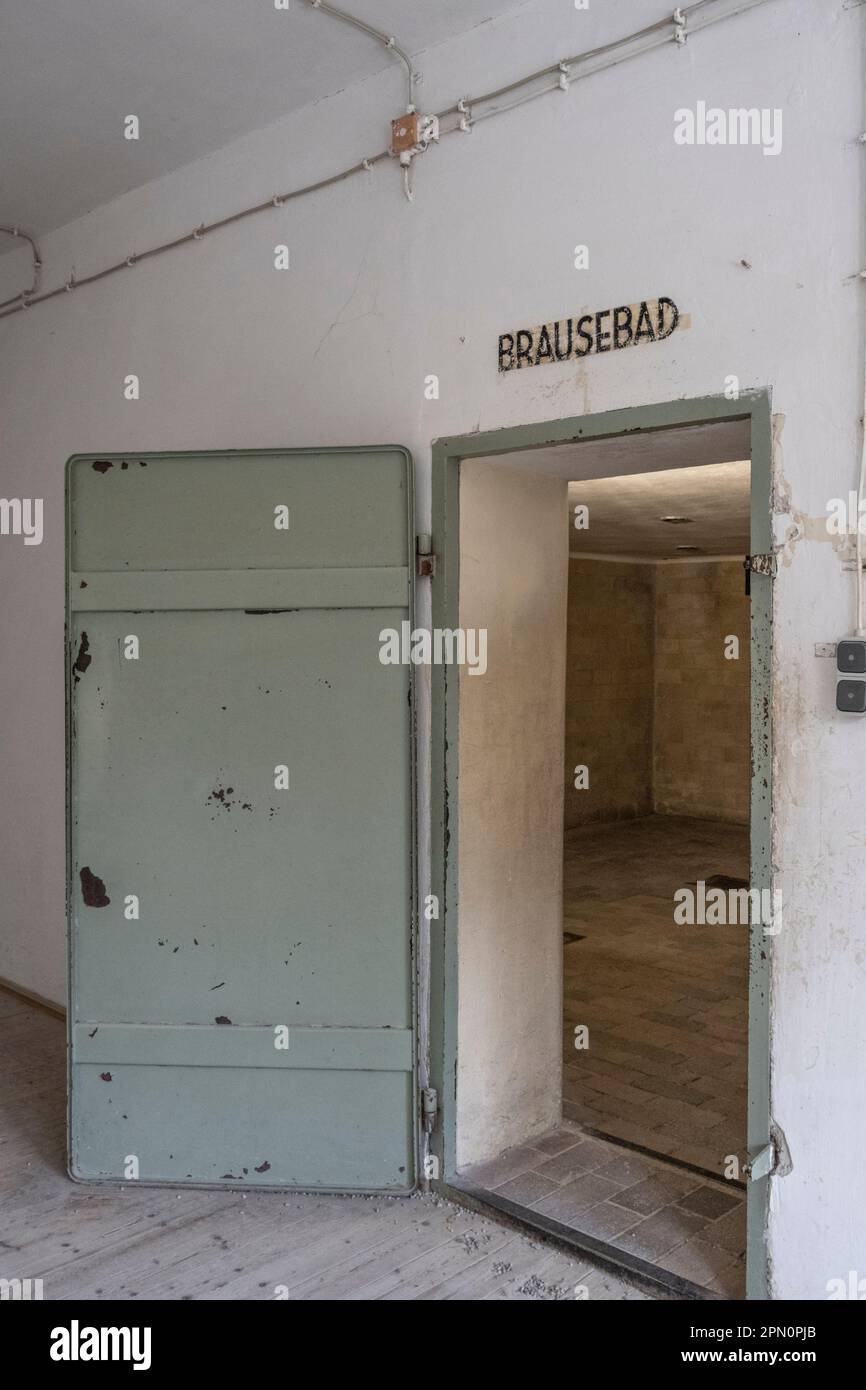 disrobing room and entrance to the gas chamber that was disguised as shower room Stock Photo