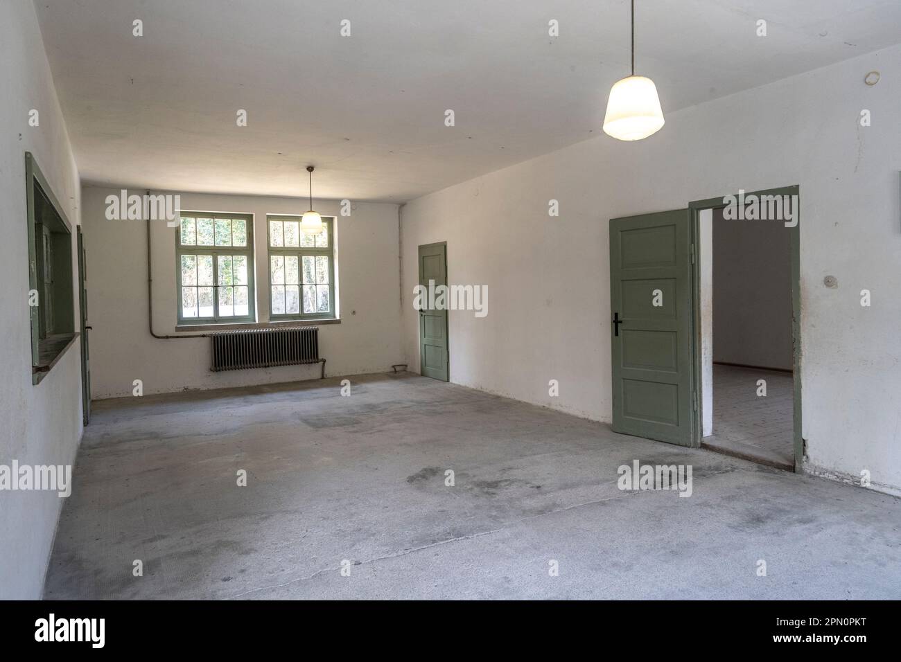 Waiting room where victims were told they would be using a shower and entrance to the disrobing room Stock Photo