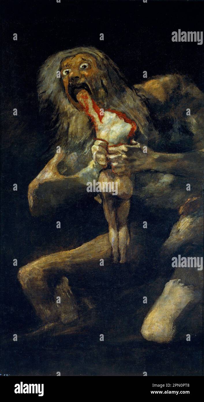 Cronos Devouring his Children (1819–1823) painted by the Spanish painter Francisco Goya. This is one of the 14 'Black Paintings' , a series of 14 very dark and haunting paintings from when the artist, in his 70s, was beset by physical and mental health problems, and was tormented by a dread of old age and fear of madness. This depicts the god Cronos (Sauturn to the Romans) devouring his child. A prophecy warned that one of his childen would supplant him so he countered this threat by eating the children as his wife Rhea birthed them. Stock Photo