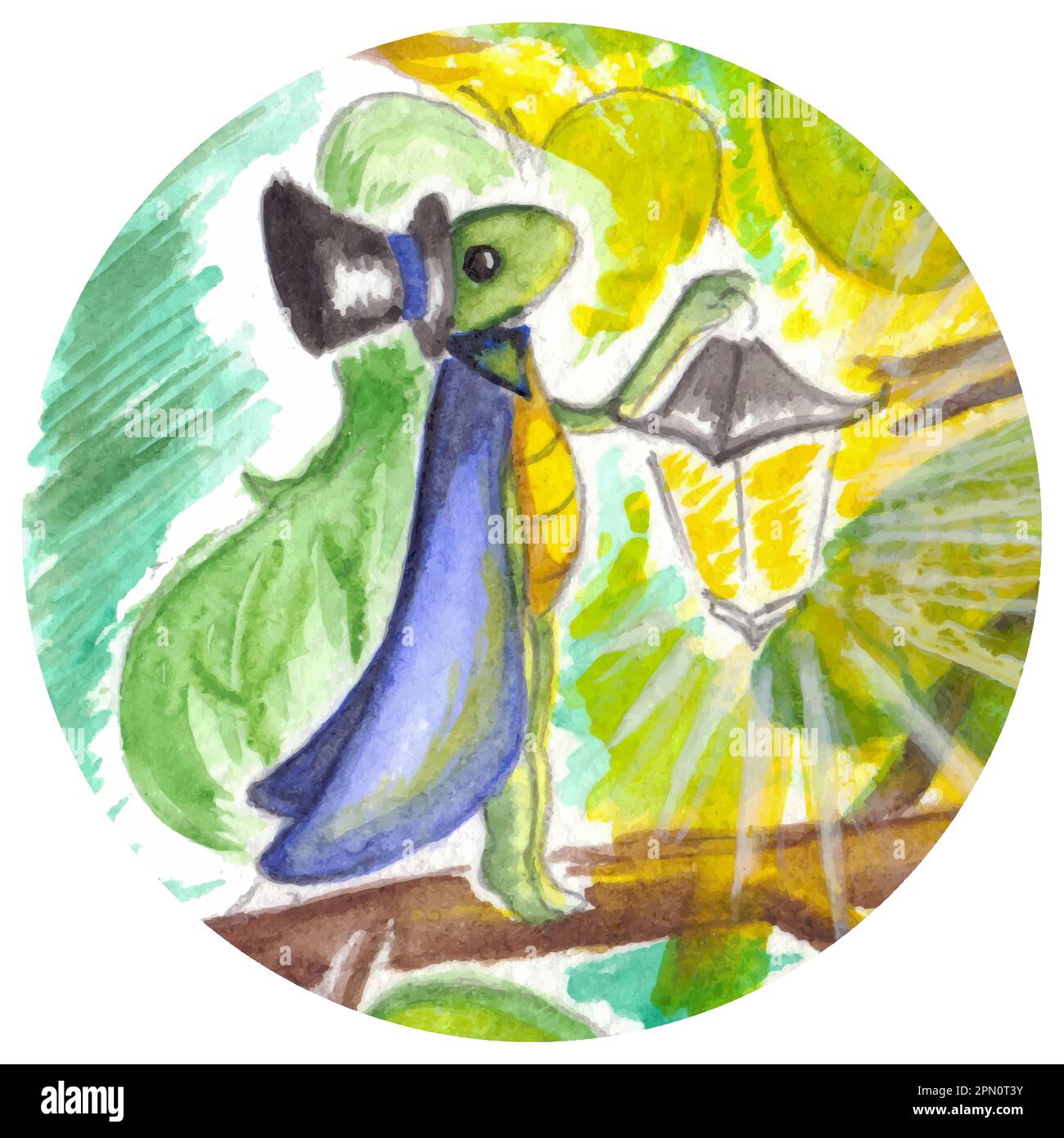 Watercolor little magic cricket with lantern vector circle isolated. Stock Vector