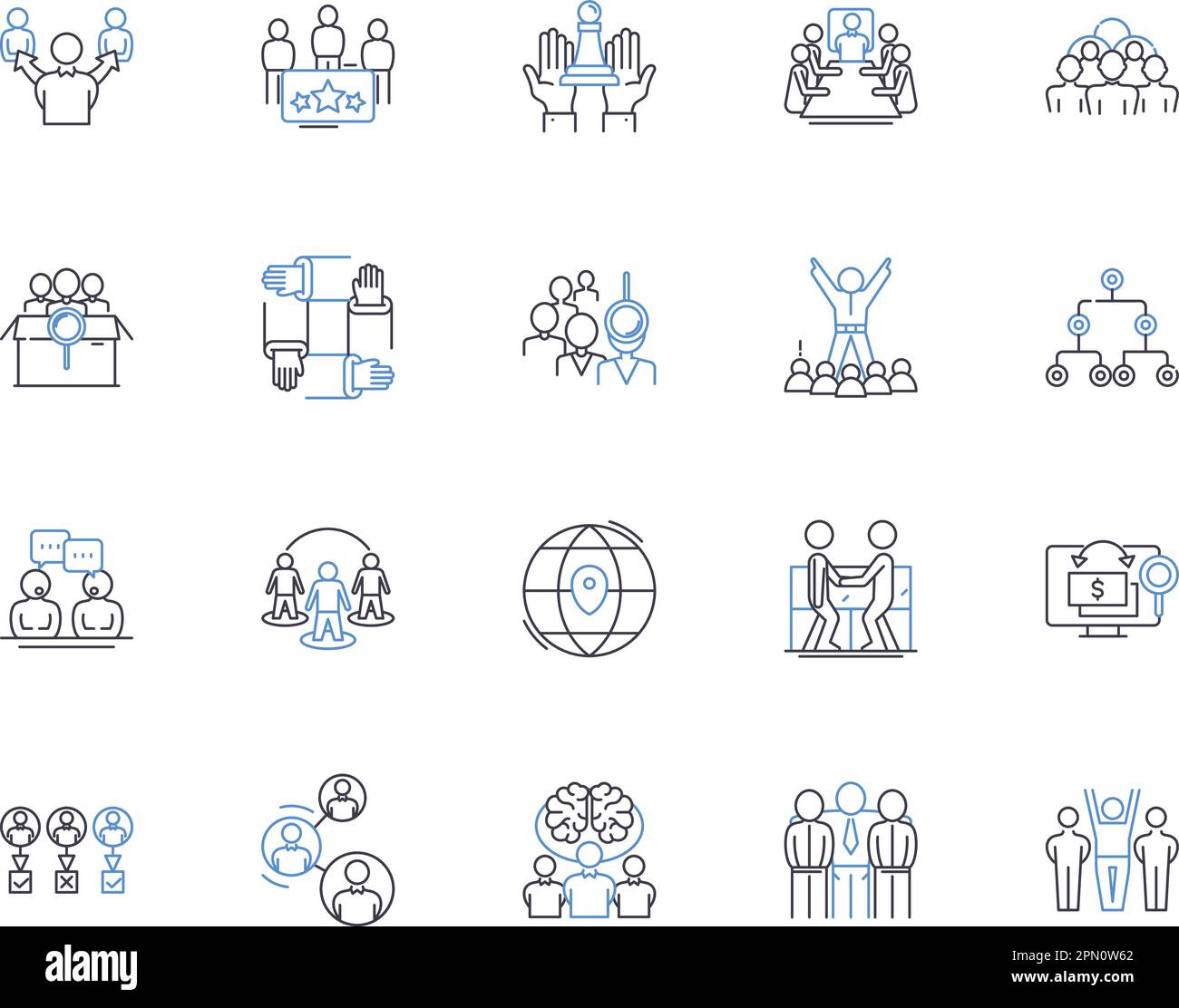 Meeting and collaboration outline icons collection. Coordinating, Collaborating, Connecting, Convening, Discussing, Networking, Assembling vector and Stock Vector