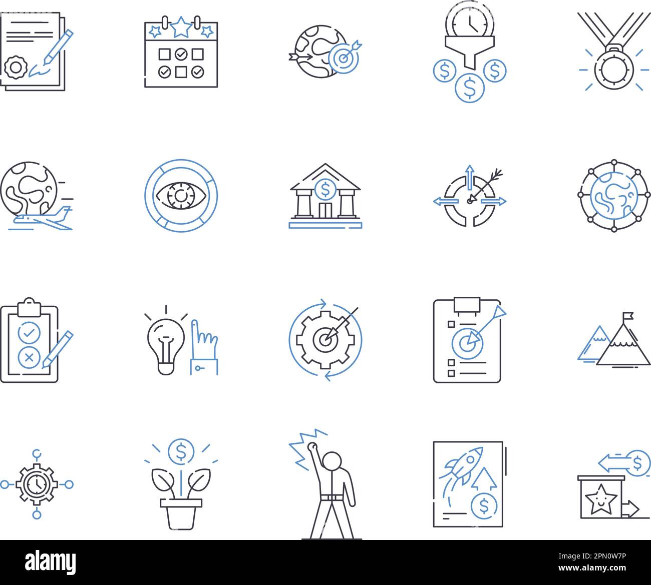 Business planning outline icons collection. Planning, Business, Strategies, Goals, Financial, Development, Analysis vector and illustration concept Stock Vector