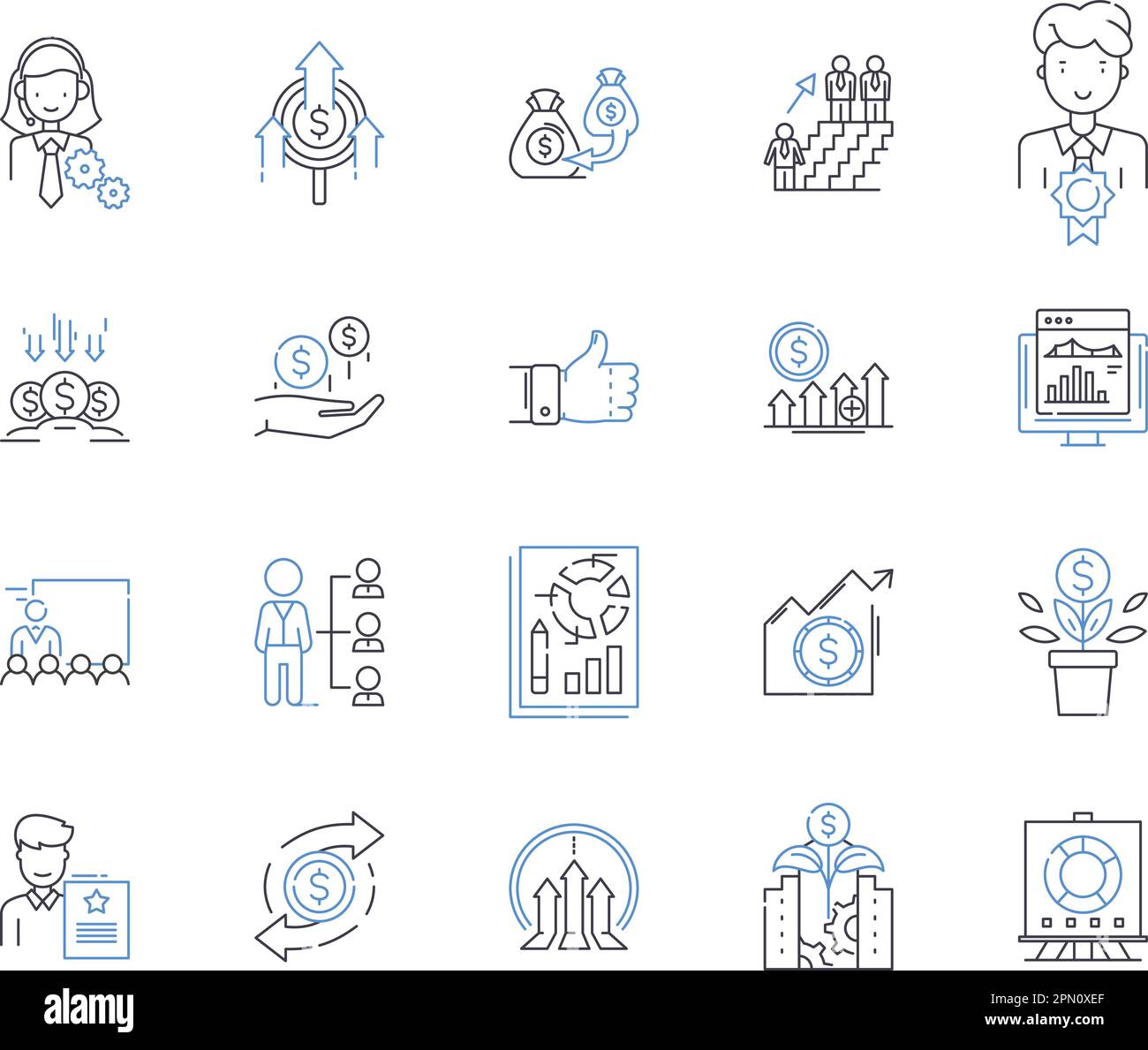 Business evaluation outline icons collection. Business, Evaluation, Rating, Analysis, Assess, Measure, Investigate vector and illustration concept set Stock Vector