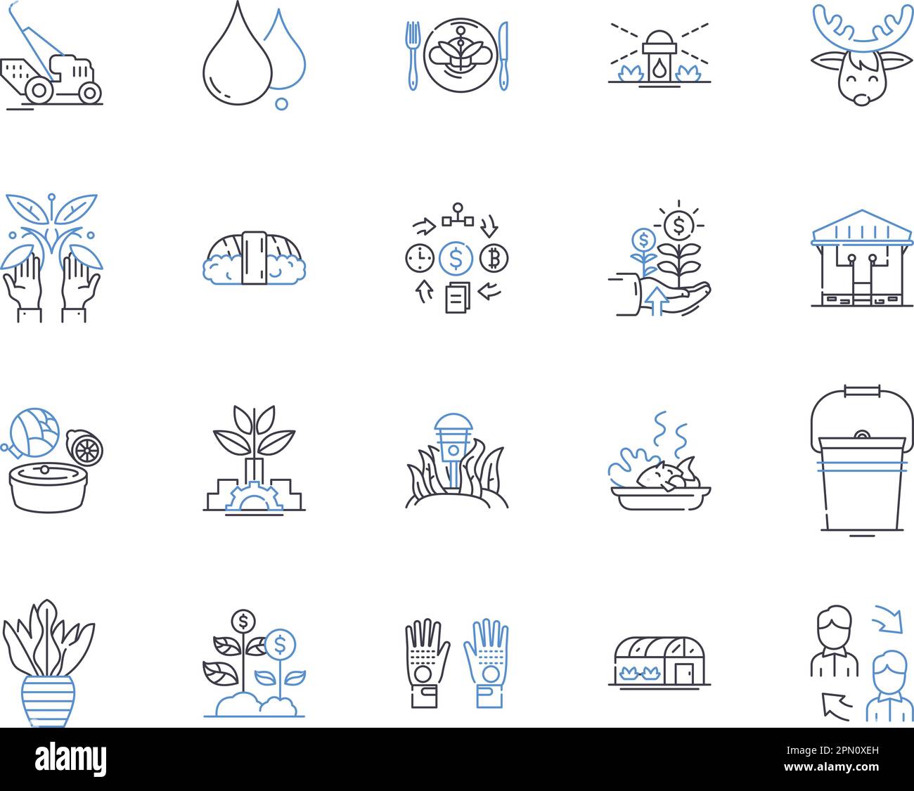 Farming factory outline icons collection. Farming, Factory, Agriculture, Crop, Cultivation, Grower, Harvester vector and illustration concept set Stock Vector