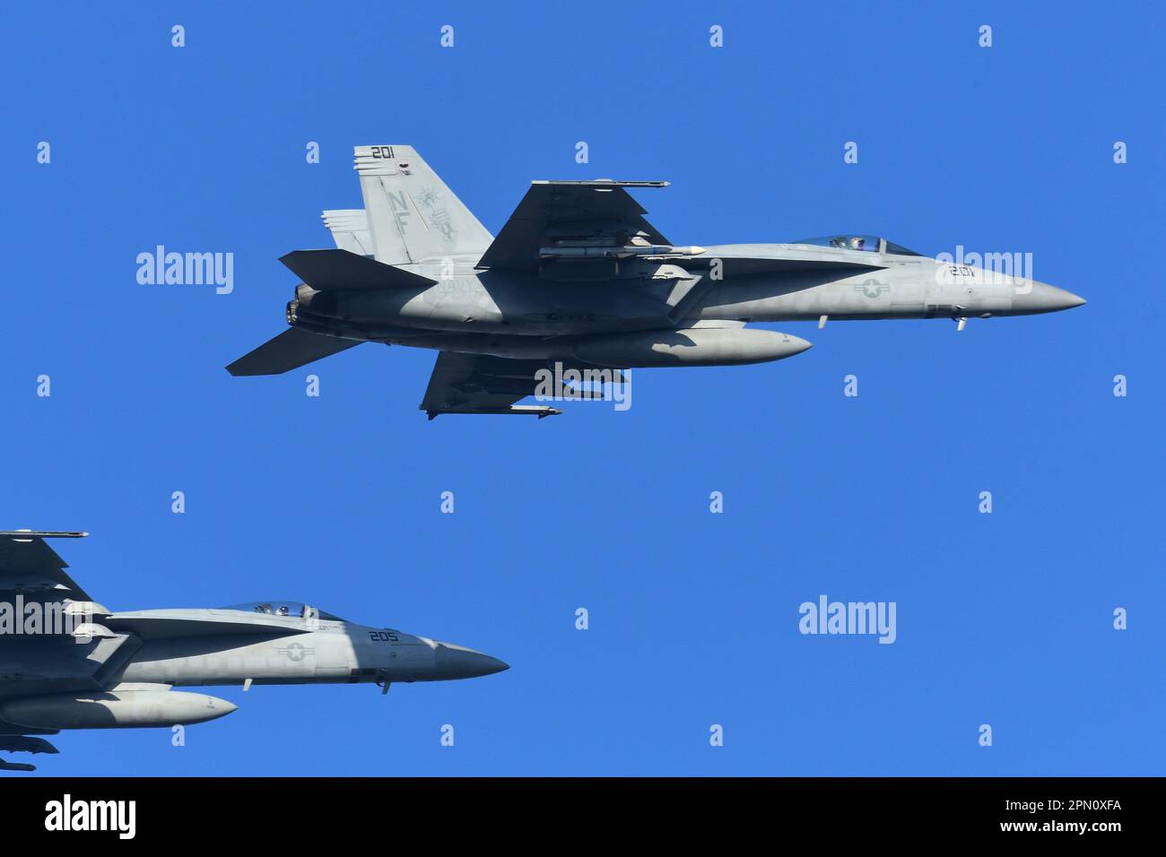 Kanagawa Prefecture, Japan - May 04, 2017: United States Navy Boeing F-18E Super Hornet multirole fighter aircraft from VFA-27 Royal Maces. Stock Photo
