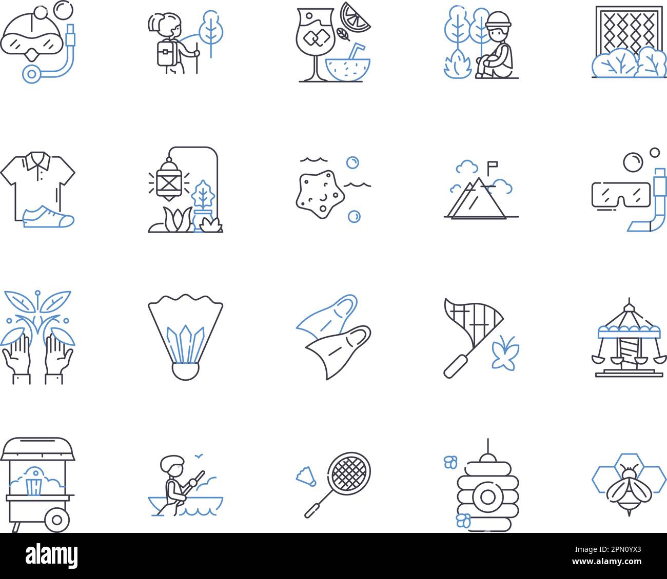 Summer holidays outline icons collection. Sun, Vacation, Heat, Enjoyment, Coconut, Swimming, Sea vector and illustration concept set. Picnic, Camping Stock Vector