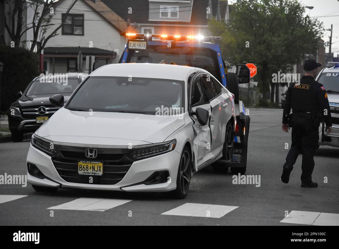 Garfield, United States. 15th Apr, 2023. Damaged vehicle transported by