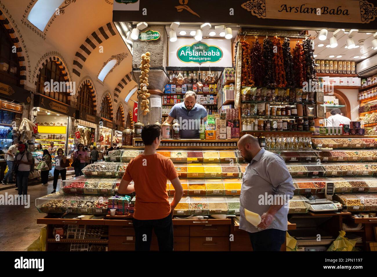 Picture of a stall of a merchant and shop in the egyptian bazaar of Istanbul, Turkey selling spices and other turkish food. The Spice Bazaar in Istanb Stock Photo