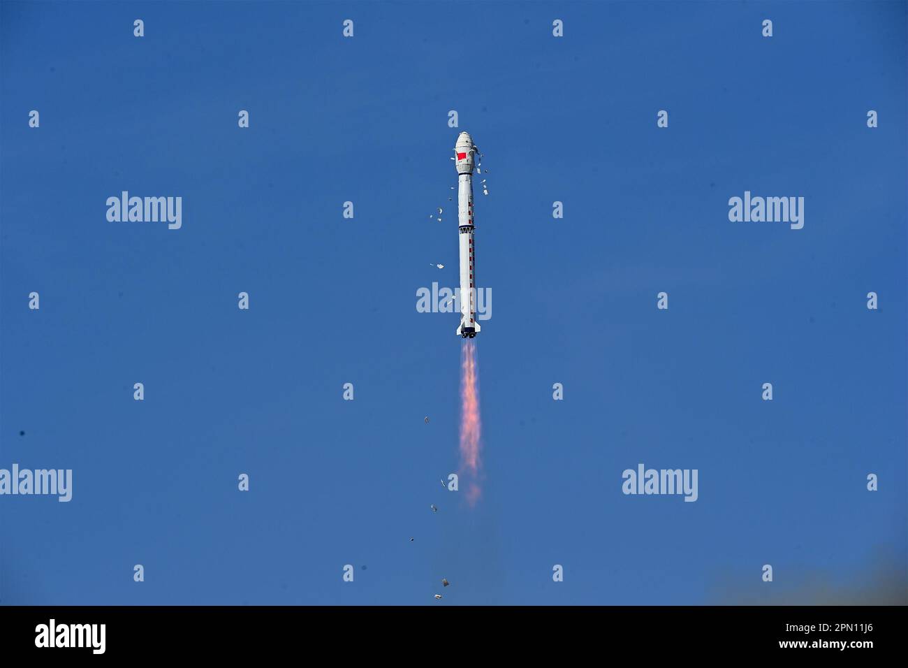 Jiuquan. 16th Apr, 2023. A Long March-4B rocket carrying the Fengyun-3 07 satellite blasts off from the Jiuquan Satellite Launch Center in northwest China, April 16, 2023. China on Sunday morning launched a Long March-4B rocket to place a new meteorological satellite in space. The rocket blasted off at 9:36 a.m. (Beijing Time) from the Jiuquan Satellite Launch Center in northwest China and soon sent the Fengyun-3 07 satellite into its preset orbit. Credit: Wang Jiangbo/Xinhua/Alamy Live News Stock Photo