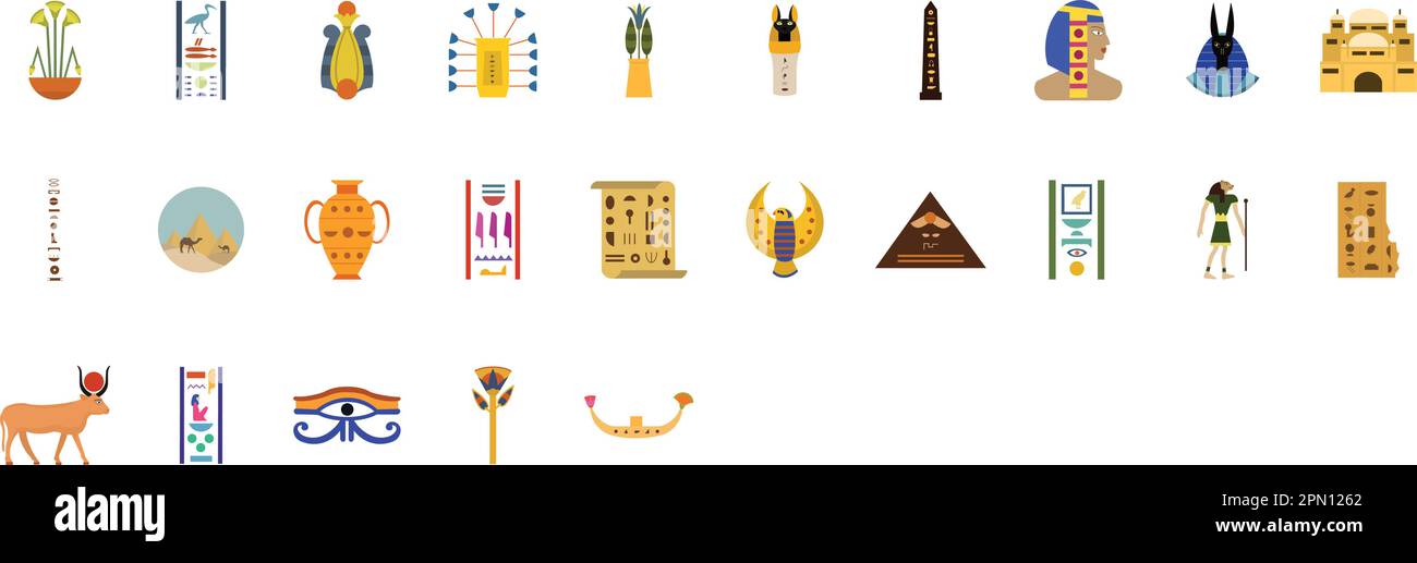 Ancient Egypt vector icon set. Anubis, Egyptian goddess, pharaoh, pyramids and hieroglyphs in flat style. Art history gods vector illustration. Mythology elements. Ready for travel to landmarks works. Stock Vector