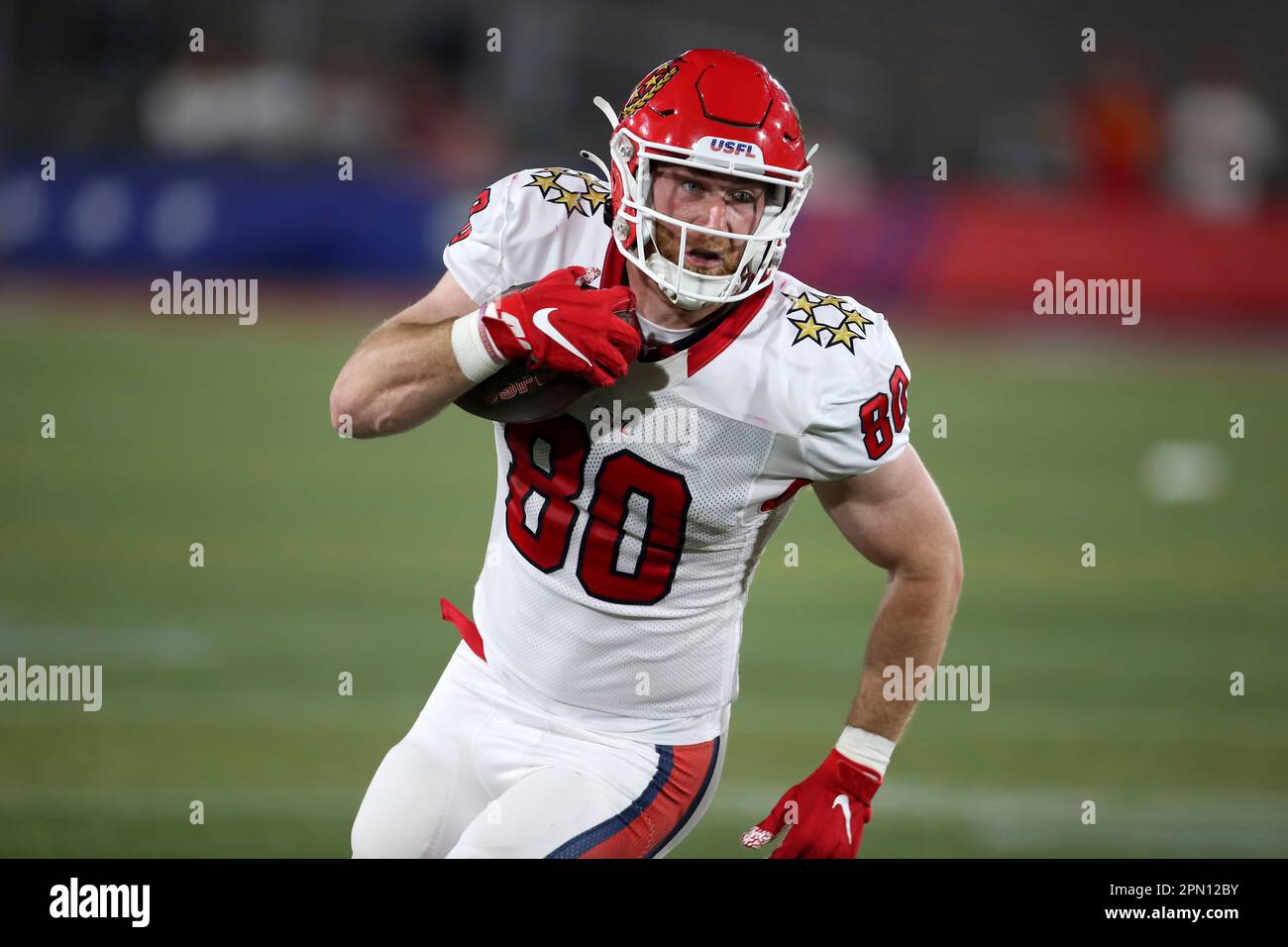 BIRMINGHAM, AL - APRIL 15: New Jersey Generals tight end Braedon Bowman  (80) during the USFL game between the Birmingham Stallions and the New  Jersey Generals on April 15th, 2023 at Protective