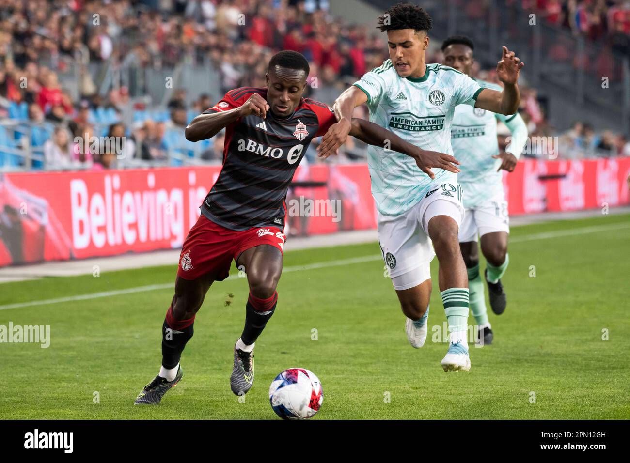 Toronto, Ontario, Canada. 15th Apr, 2023. Richie Laryea #22 (L) and Caleb Wiley #26 (R) in action during the MLS game between Toronto FC and Atlanta United at BMO field in Toronto. The game ended 2-2 (Credit Image: © Angel Marchini/ZUMA Press Wire) EDITORIAL USAGE ONLY! Not for Commercial USAGE! Credit: ZUMA Press, Inc./Alamy Live News Stock Photo