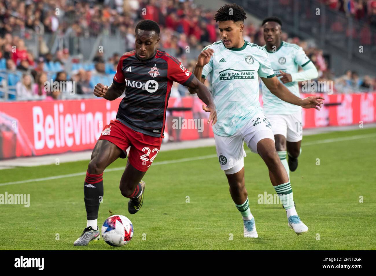 Toronto, Ontario, Canada. 15th Apr, 2023. Richie Laryea #22 (L) and Caleb Wiley #26 (R) in action during the MLS game between Toronto FC and Atlanta United at BMO field in Toronto. The game ended 2-2 (Credit Image: © Angel Marchini/ZUMA Press Wire) EDITORIAL USAGE ONLY! Not for Commercial USAGE! Credit: ZUMA Press, Inc./Alamy Live News Stock Photo