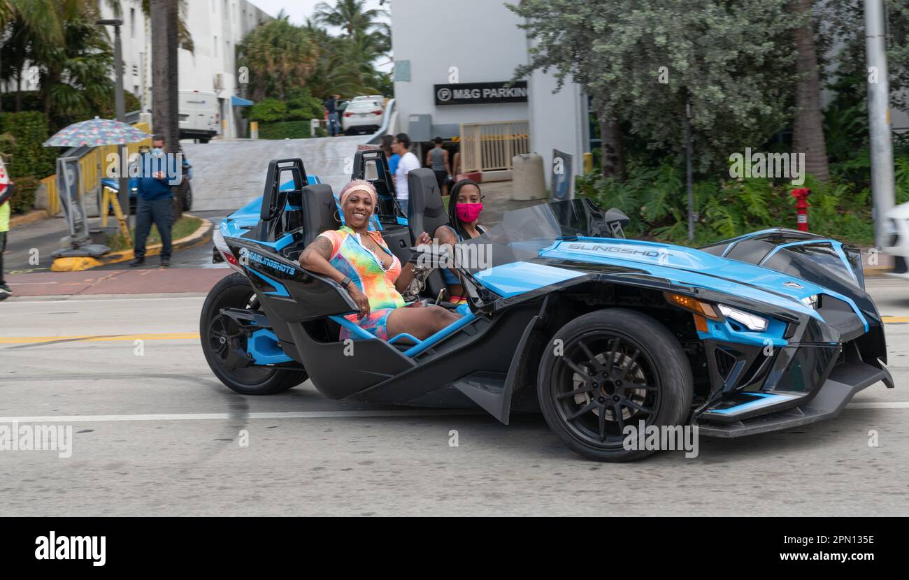 Miami Beach, Florida USA March 19, 2021 blue polaris slingshot with