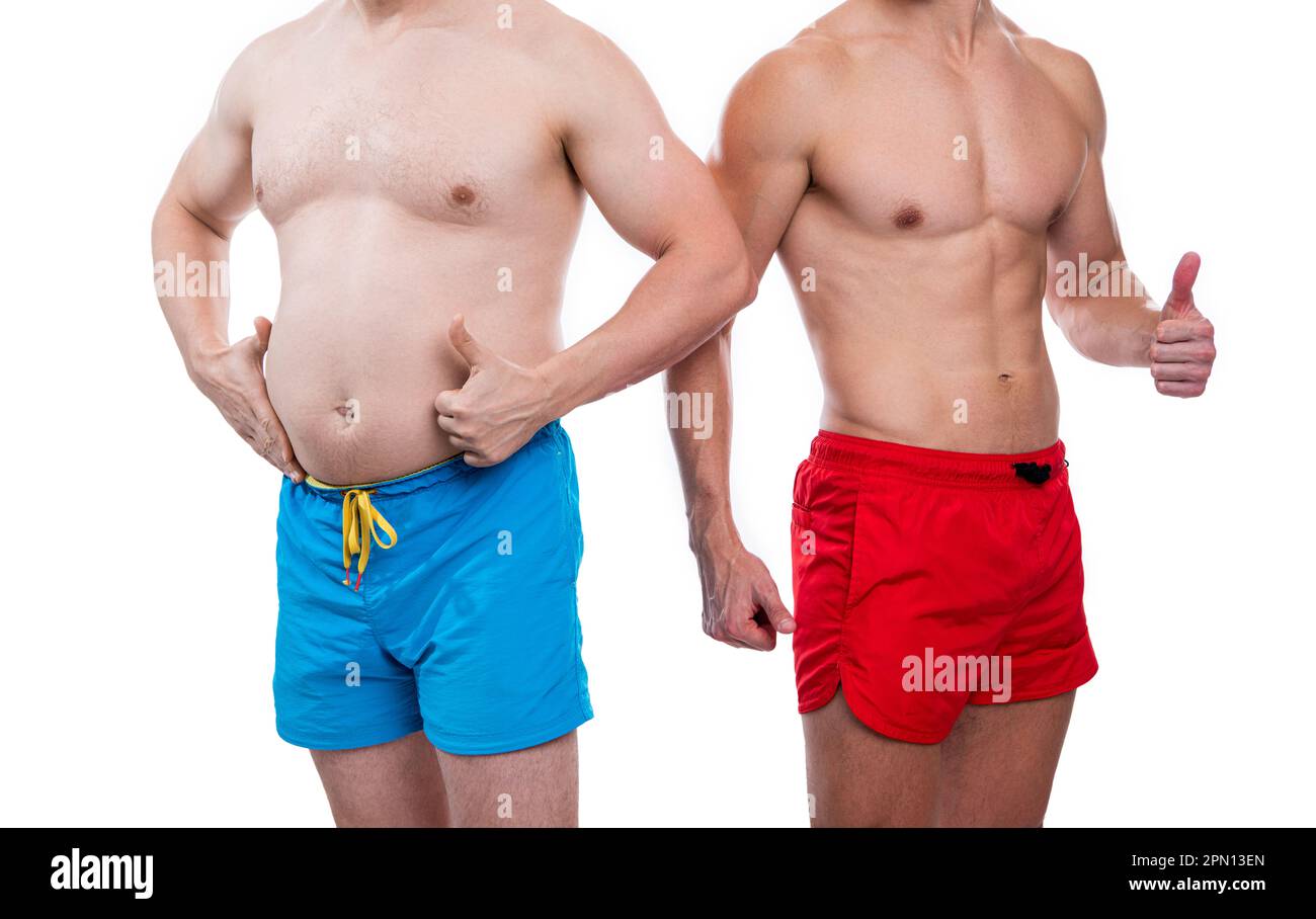 image of men with belly abs comparison, thumb up. belly abs comparison